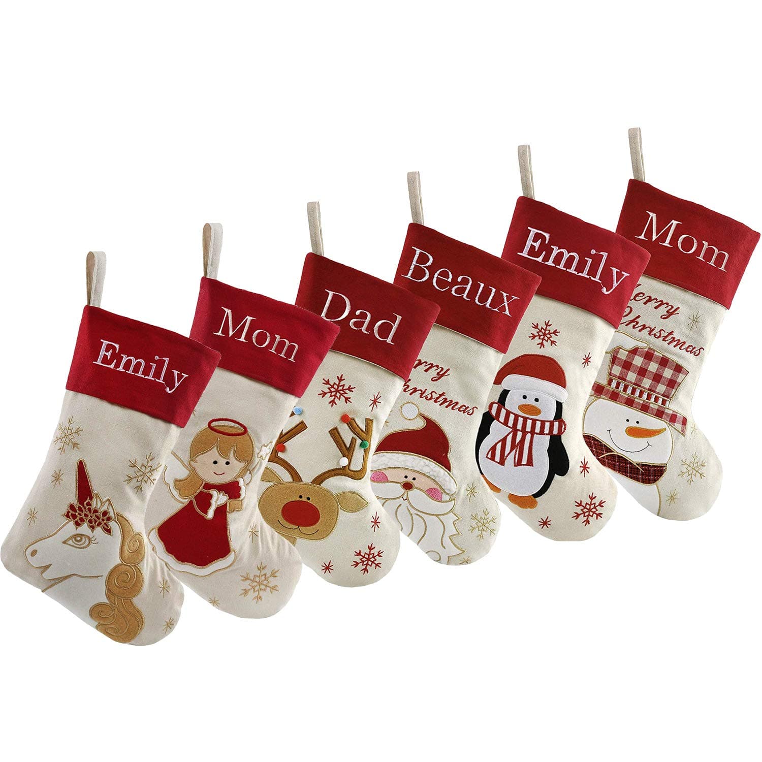 DearSun Set of 6, 18" Personalized Christmas Stockings with Embroidery Names, Santa,Snowman,Reindeer,Penguin, Angel,Unicorn Designs Quality Linen Stockings for Family Décor