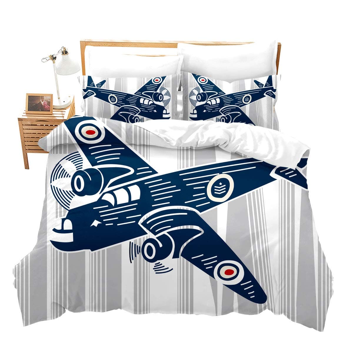 Loussiesd Boys Duvet Cover Set Double Size for Kids Child Teens Men Aviation Aircraft Decoration Gift Blue Airplane Comforter Cover with 2 Pillowcases Microfiber Zipper Children Quilt Cover 3 Pcs