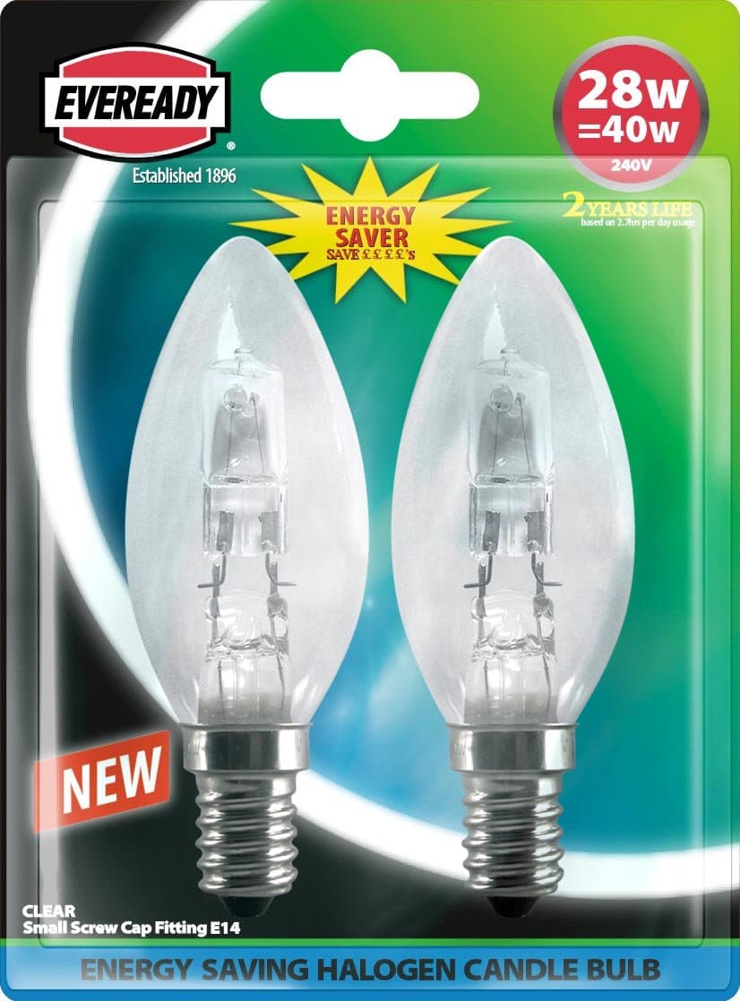 Eveready Lighting Candle ECO Halogen 28 Watt (40 Watt) SES/E14 Small Edison Screw Card of 2 EVES4877