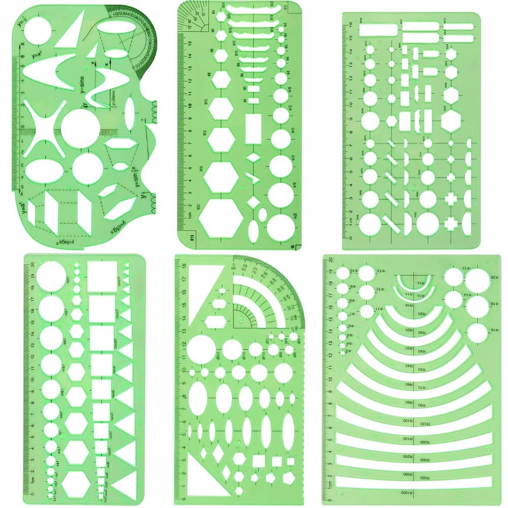 SINBLUE Pack of 6 New Clear Green Color Plastic Measuring Templates - Geometric Rulers For Office and School, Building Formwork, Drawings Drafting Templates