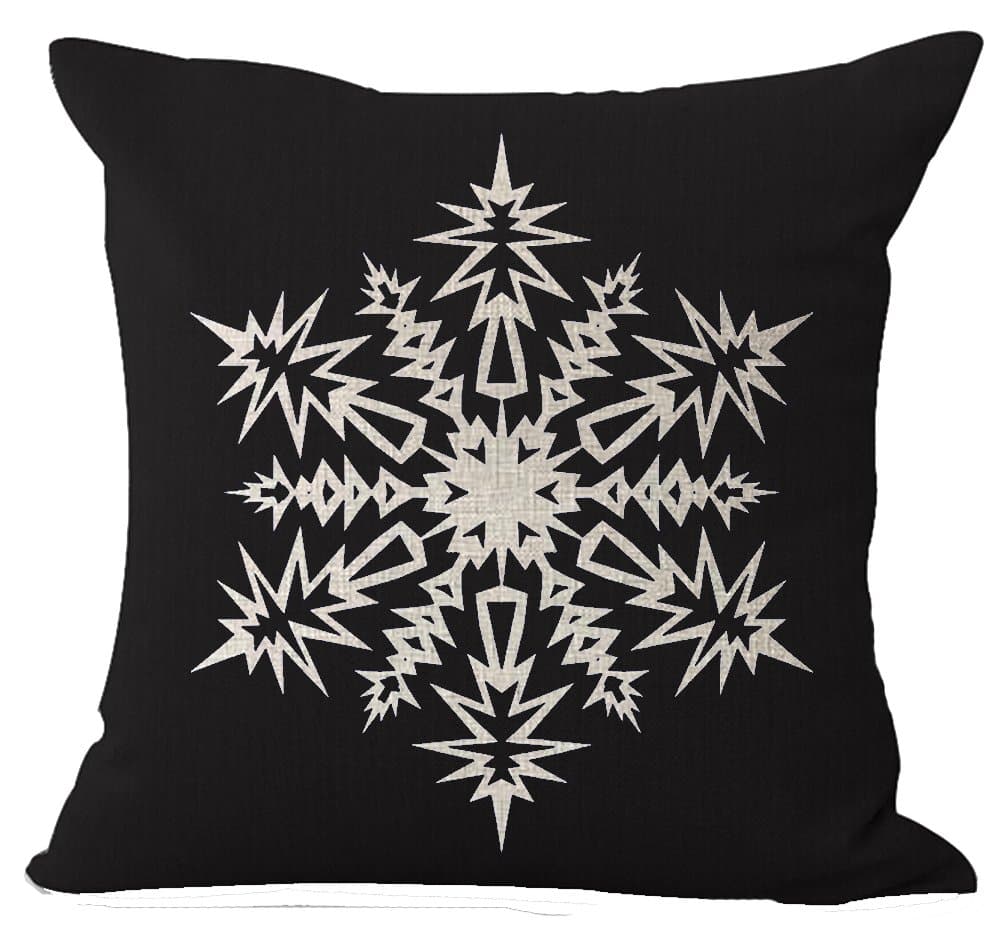Cotton Linen Happy Holidays Geometric Abstract Fantastic Beige Snowflake in Black Merry Pillow Case Cushion Cover Decorative Bedroom Living Room Square 18 Inches