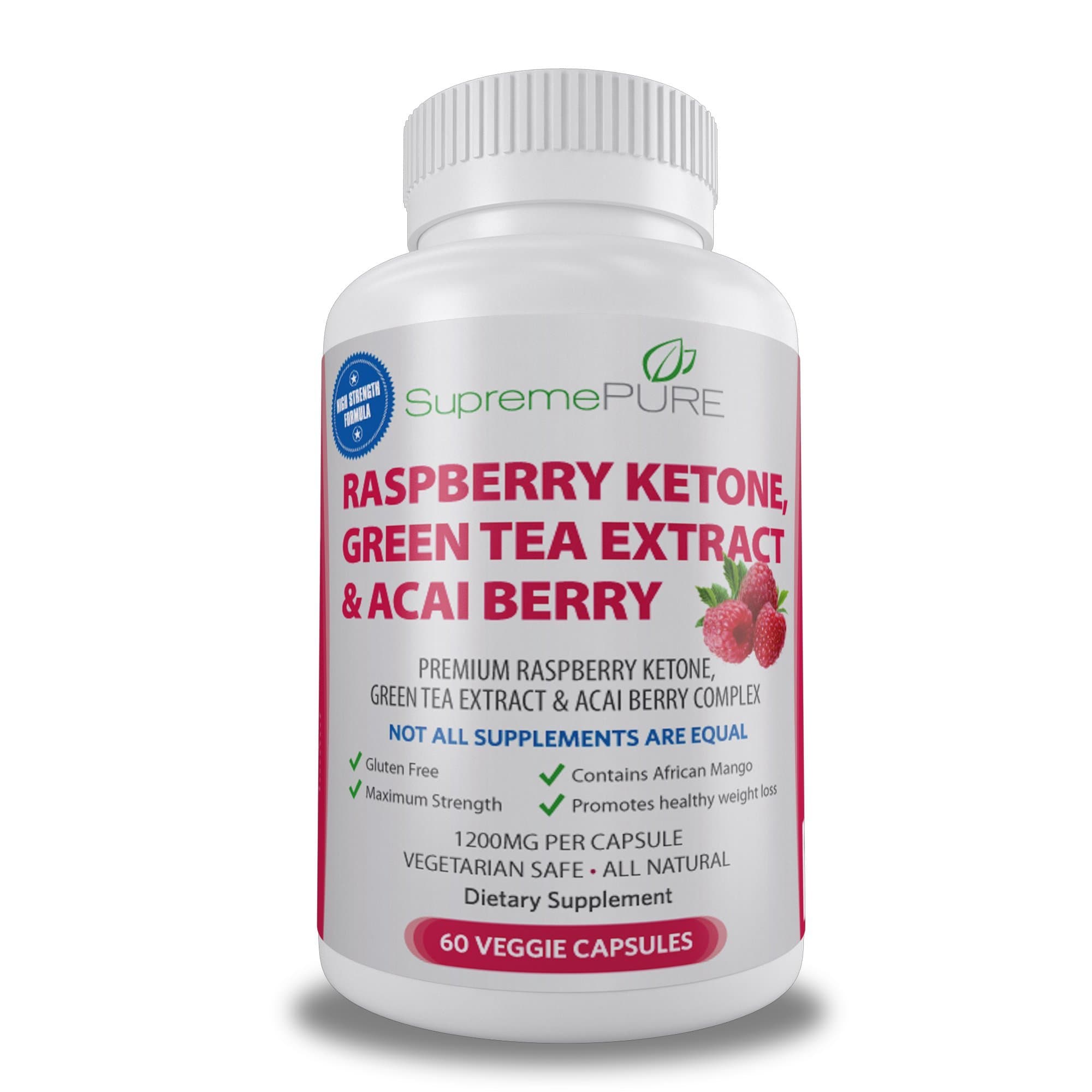 Supreme Pure 1200mg Raspberry Ketones, Green Tea Extract, Acai Berry, and African Mango Dietary Supplement