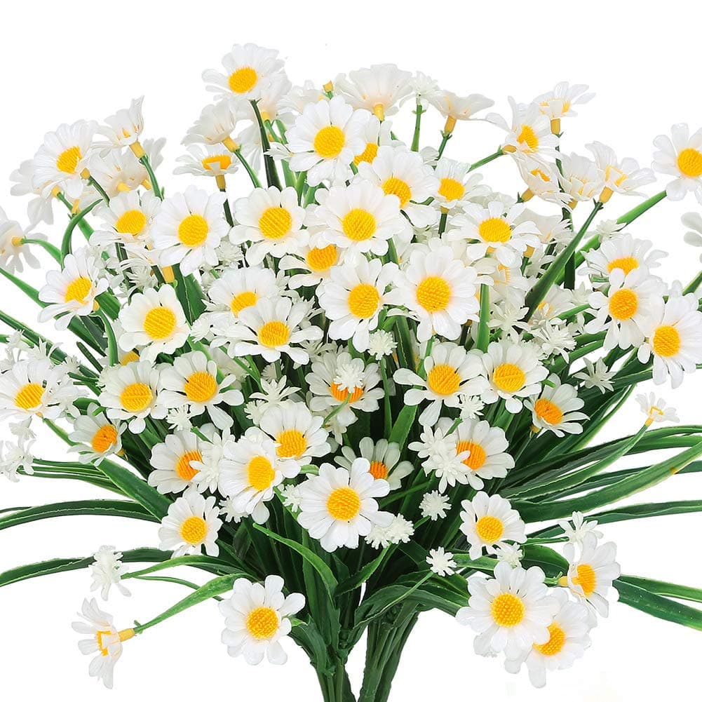 Ksnnrsng Artificial Daisies Flowers Outdoor UV Resistant Fake Foliage Greenery Faux Plants Shrubs Plastic Bushes for Window Box Hanging Planter Farmhouse Indoor Outside Decor (White)