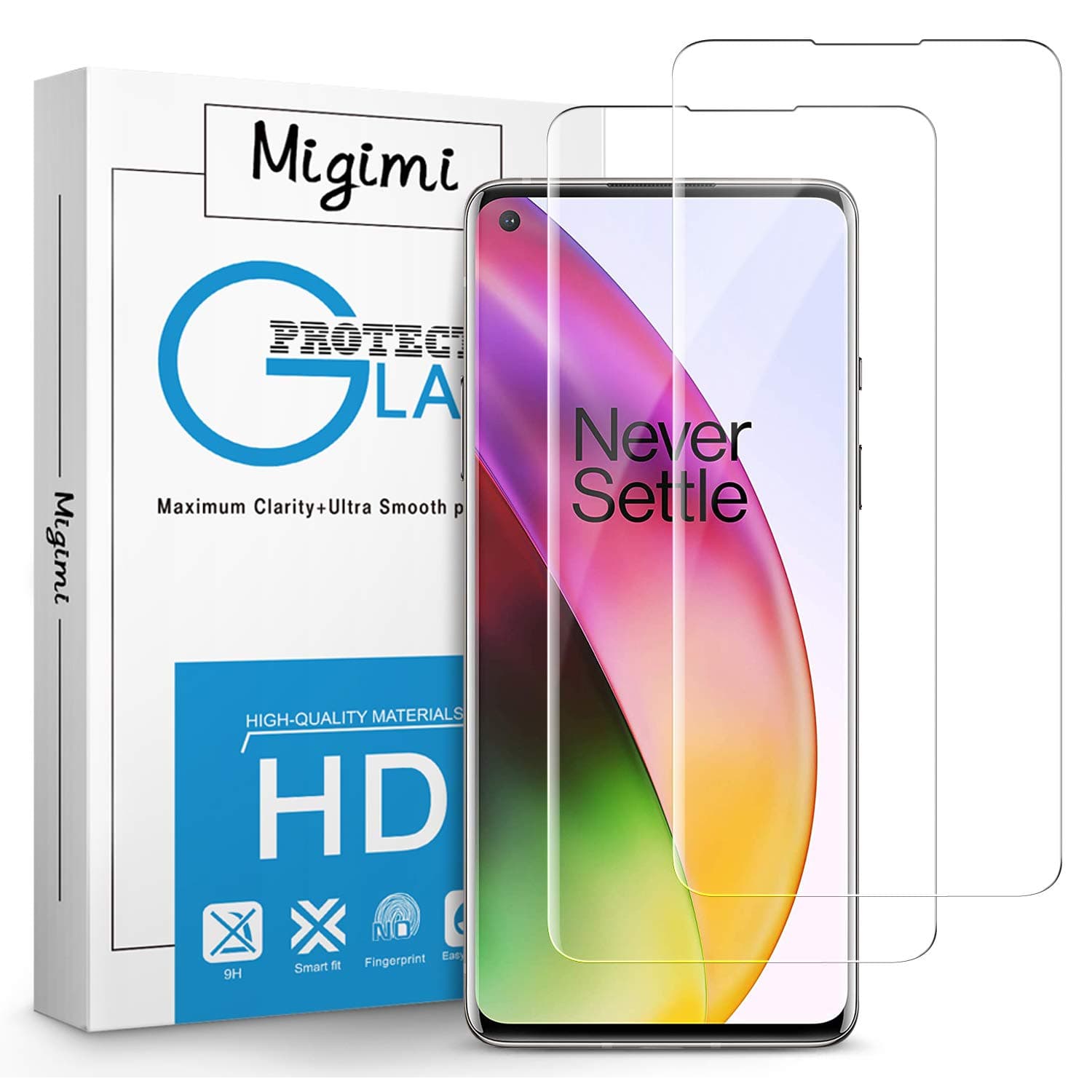 Migimi Screen Protector Compatible with OnePlus 8, [2 Pack] Full Coverage Tempered Glass, [Ultra Transparency] [9H Hardness] [Anti-Scratch] Glass Film For OnePlus 8