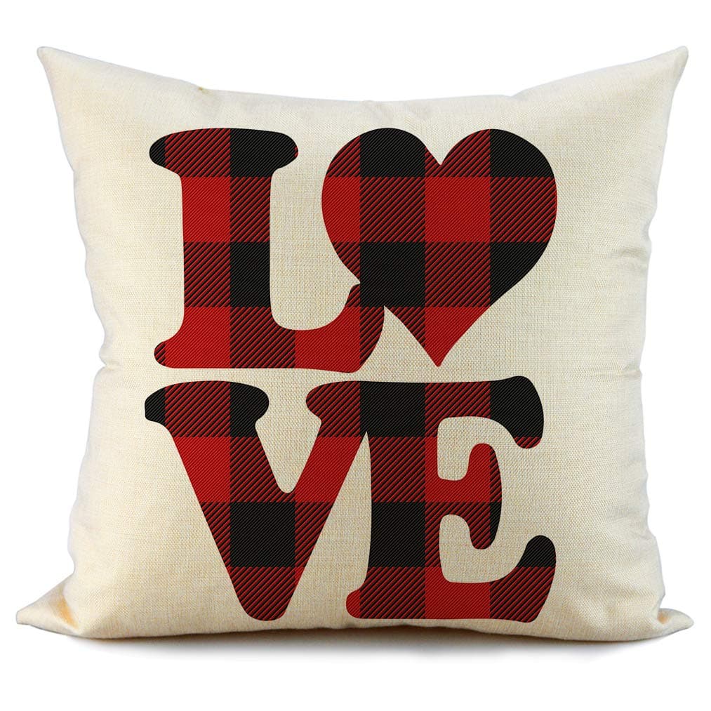 FIBEROMANCE Valentines Red and Black Buffalo Check Plaid Love Pillow Covers Decorative Cushion Case for Sofa Couch Bedroom Spring Home Decor Cotton Pillowcase 18 x 18 Inch