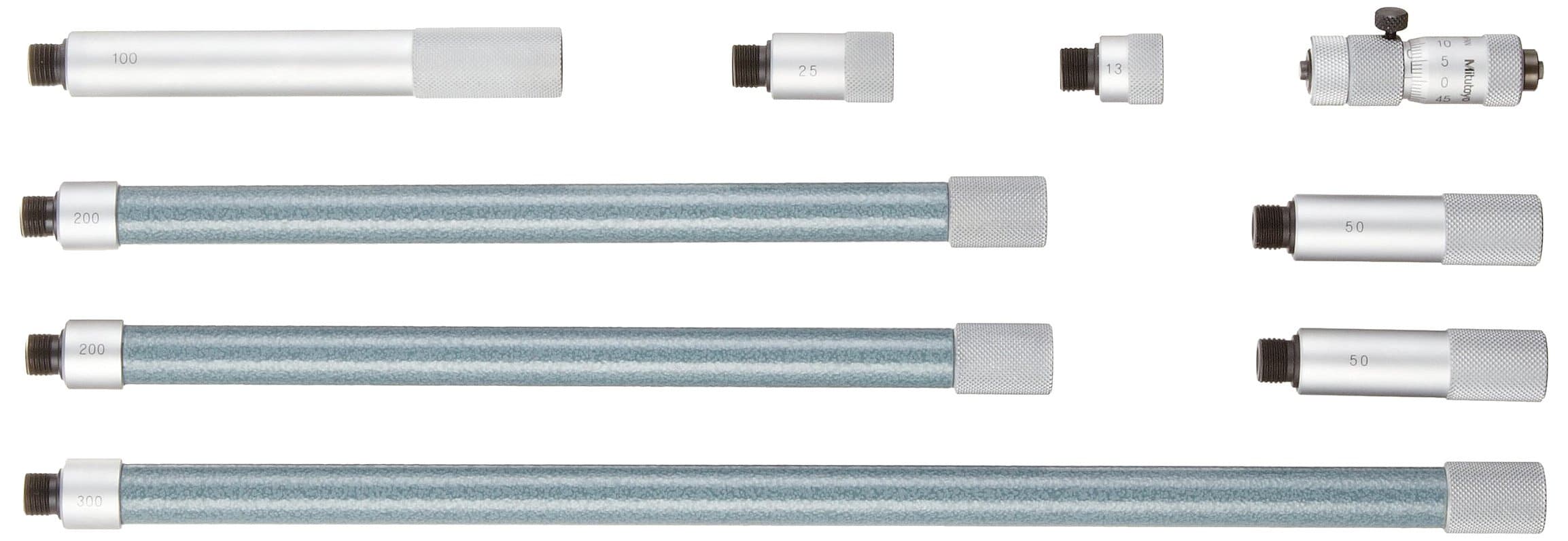Mitutoyo 137-209 Tubular Vernier Inside Micrometer, Extension Rod Type, Carbide Tipped Face, 50-1000mm Range, 0.01mm Graduation, +/-0.031mm Accuracy, 8 pcs Extension Rods