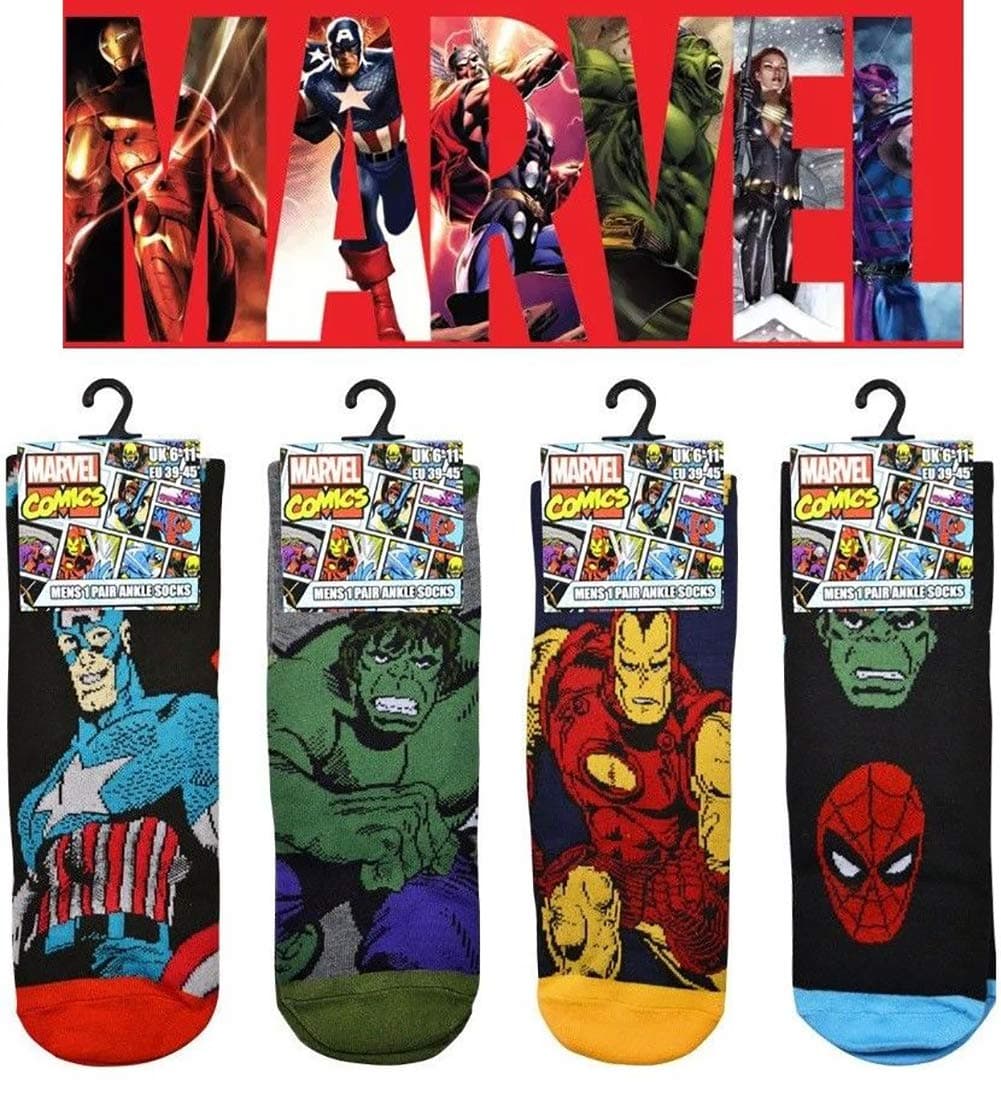 Marvel Comics 4 Pairs of Mens Superhero socks 6-11 Character Novelty Socks (Marvel)