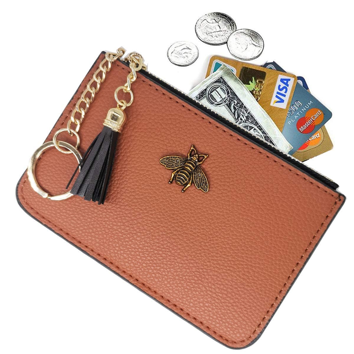 Women's Coin Purse Change Wallet Pouch Leather Card Holder with Key Chain Tassel Zip (CH Brown)