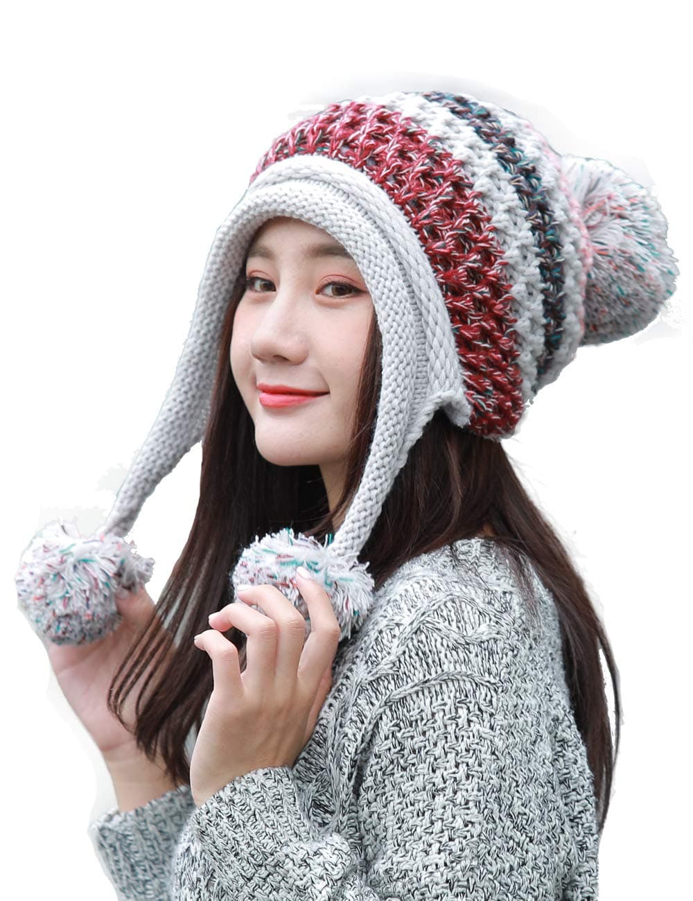 Ypser Women Fleece Lined Beanie Scarf Mask Set Winter Knit Ear Flaps Hat with Pompom