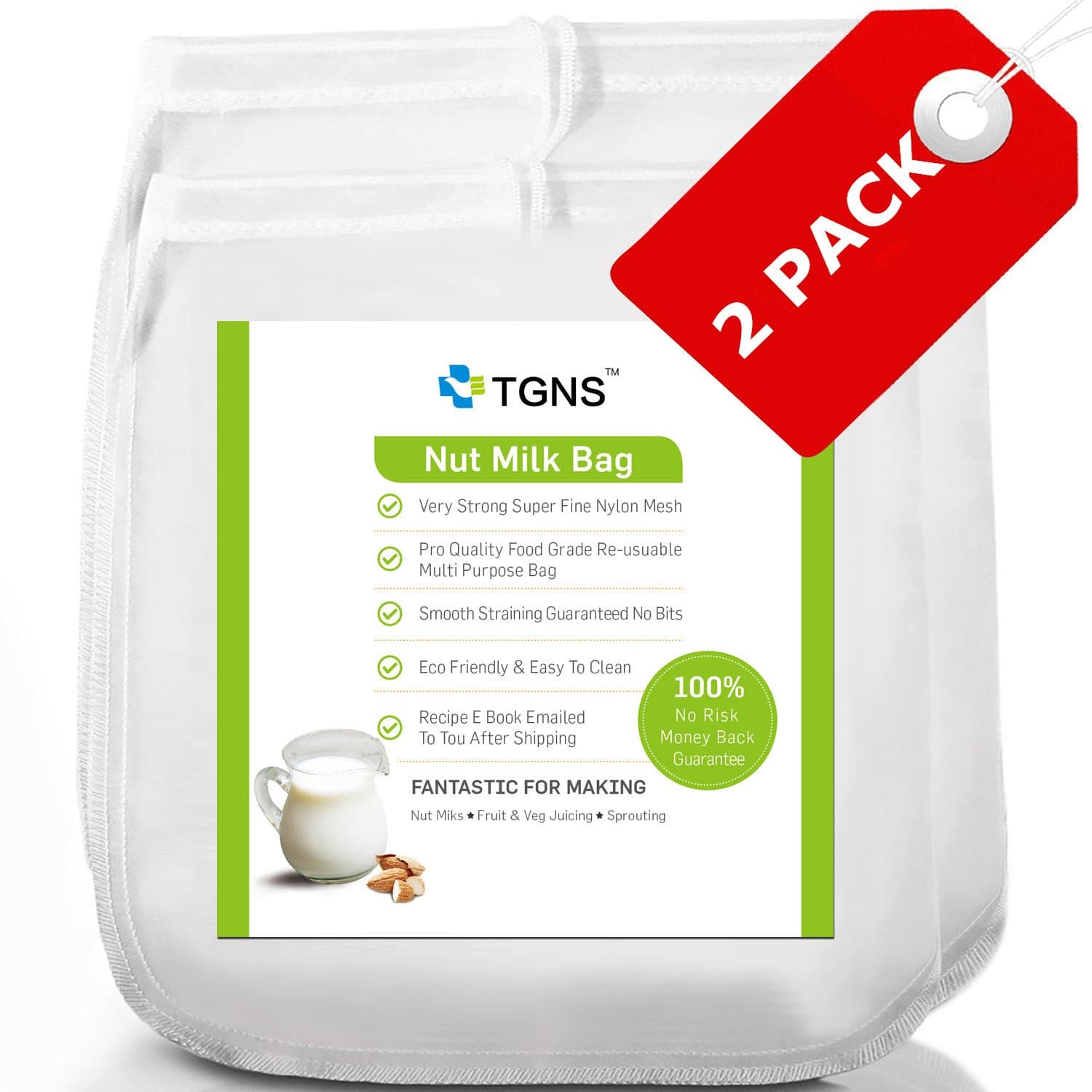 TGNS 2 Pack Nut Milk Bag (12"x12") & (12"x9") Strong Reusable Almond Milk Bags - Commercial Food Grade Fine Nylon Mesh - Food Strainer & Cheese Maker Coffee & Tea Filter