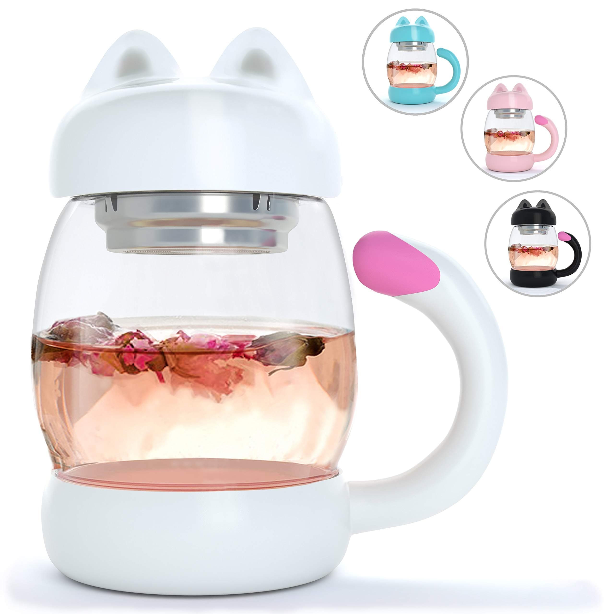 Cute Cat Glass Tea Mug / Cup With Removable Strainer / Infuser and Lid - for use with any Beverage - Holds 14 oz
