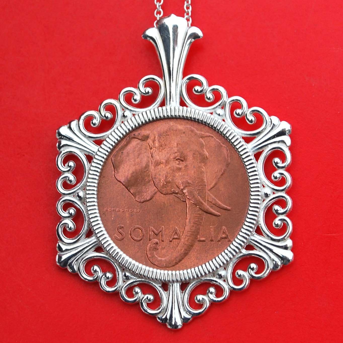 Beautiful 1950 Somalia 1 Centsimo Cent BU Uncirculated Rare Coin 925 Sterling Silver Necklace NEW - Elephant