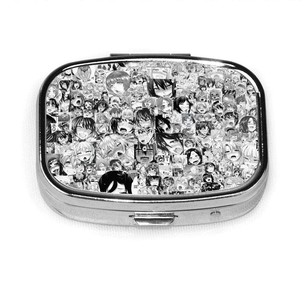 Pill Case Ahegao Anime Girl Pill Box Organizer Portable Travel Square Airtight Vitamin Pill Box for Purse Pocket Supplement Holder Medicine Container 2 Compartment