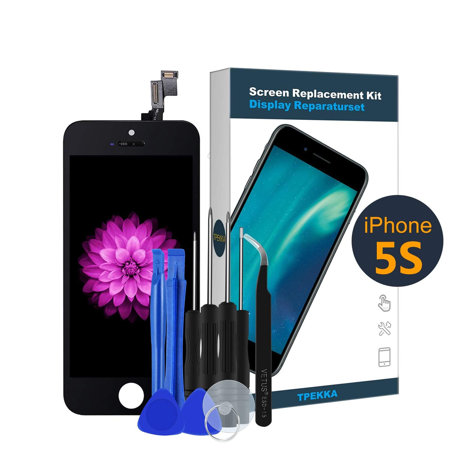 TPEKKA Screen Replacement for iPhone 5S/SE Black-LCD Display Touch Screen Digitizer-Front Glass Panel Full Display Assembly for iPhone 5S/SE Screen with Free Repair Toolkit Premium Tweezer, 4 Inch
