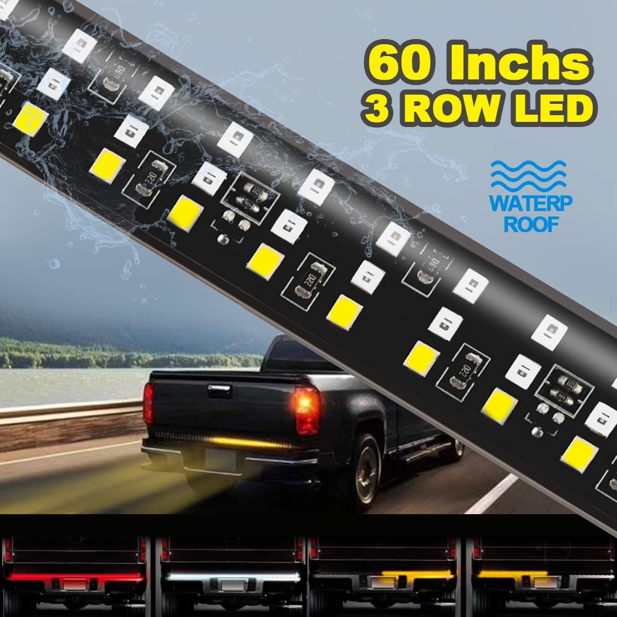 60" Triple LED Tailgate Light Bar w/Sequential RED Turn Signal, LED Solid Beam - Weatherproof No Drill Install - Full Function Reverse Brake Running