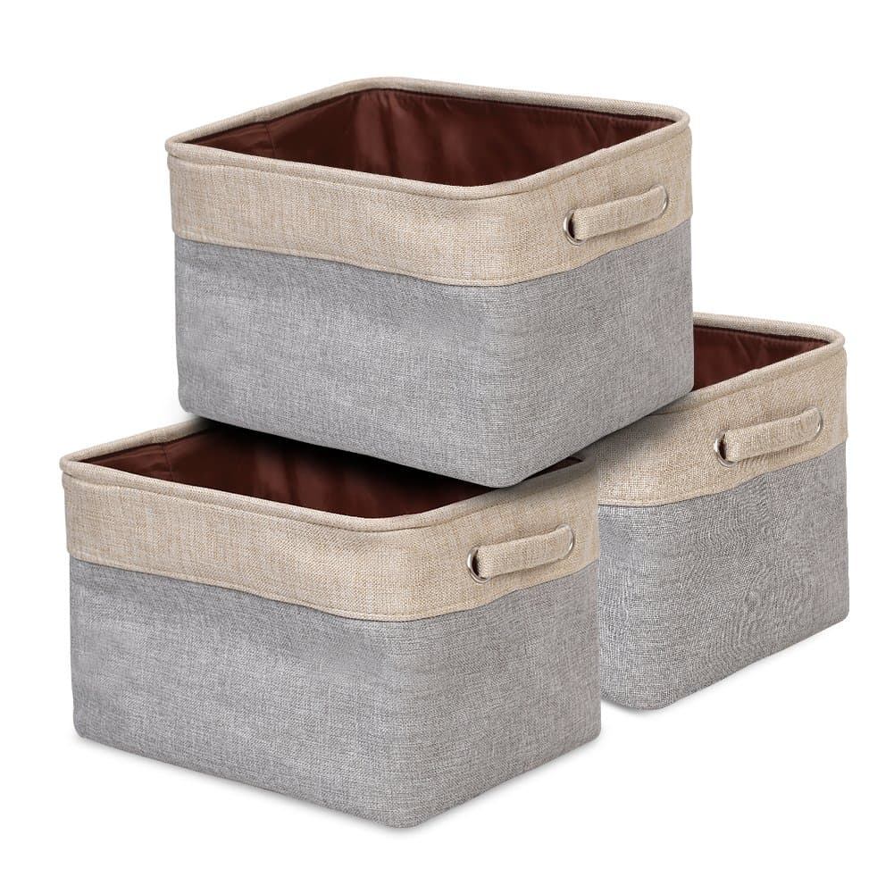 ANNSY Fabric Bins Storage Basket Collapsible Organizer Bin 3-Pack Foldable Grey/ Brown Storage Cube with Handles for Home and Office