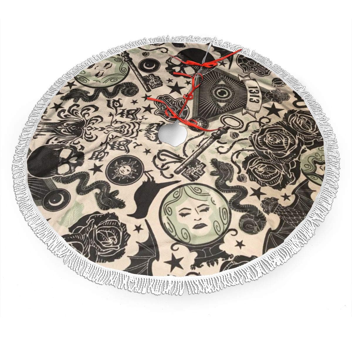 YANGPI Haunted Mansion Silk Painting Christmas Tree Skirt for Decor, New Year Festive Holiday Party Decoration with White Fringed Lace