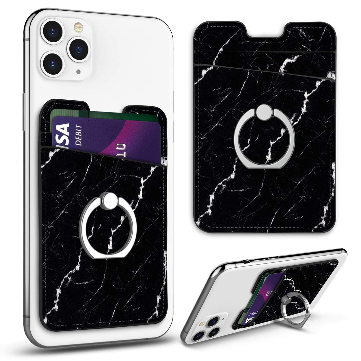 Phone Card Holder with Ring Stand, Takfox PU Leather ID Credit Card Holder Phone Pocket Wallet Cover Case 3M Adhesive Stick on iPhone, Samsung Galaxy, Motorola, LG, Android Smartphones-Black Marble