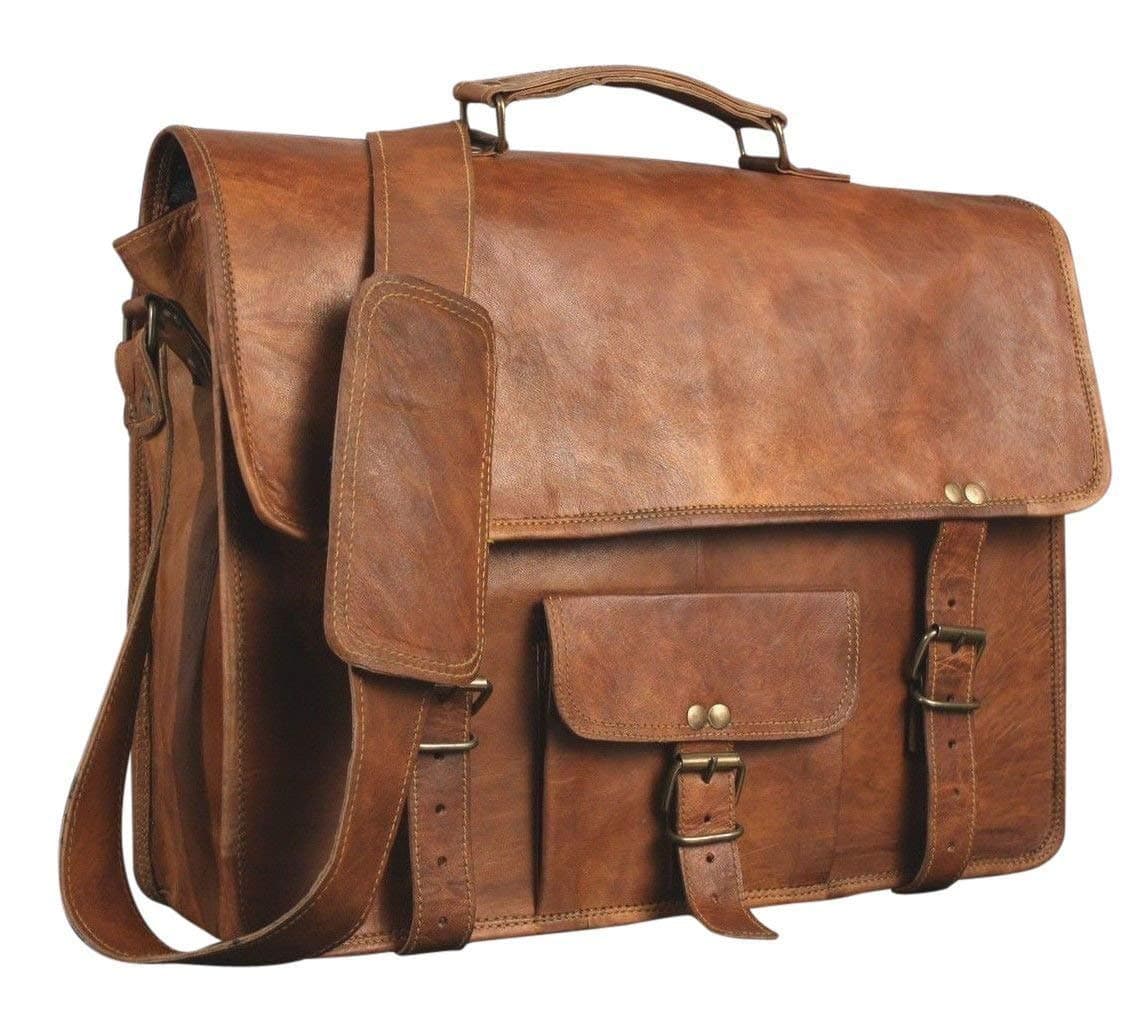 Montexoo 15 Inch Handmade Vintage Leather Satchel Messenger Briefcase Shoulder Laptop Computer Bags for Men Women Brown