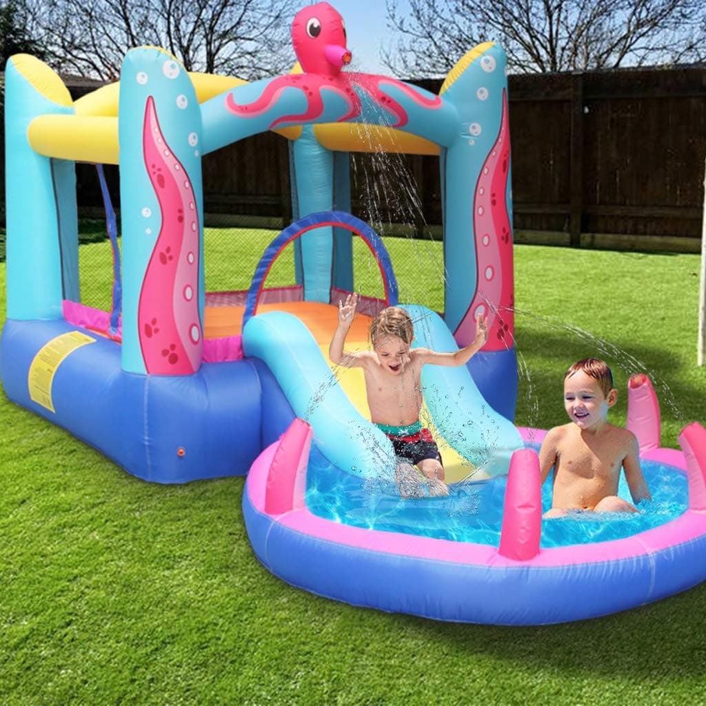 DDIGEjin Inflatable Bounce House, Jumping Castle Water Pool with Slide and Sprinkler,Including Oxford Carry Bag, Repairing Kit, Stakes, Water Hose, Ocean Balls (with 350W Air Blower)