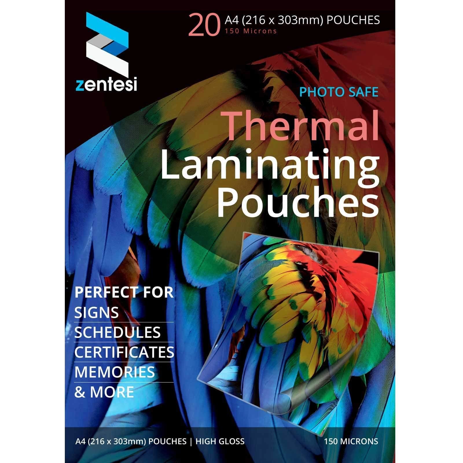 ZentesiA4 Laminating Pouches High Gloss Laminator Sleeves 150 Micron (75 + 75 Microns) Glossy Laminate Pouch Sheets - Pack of 20