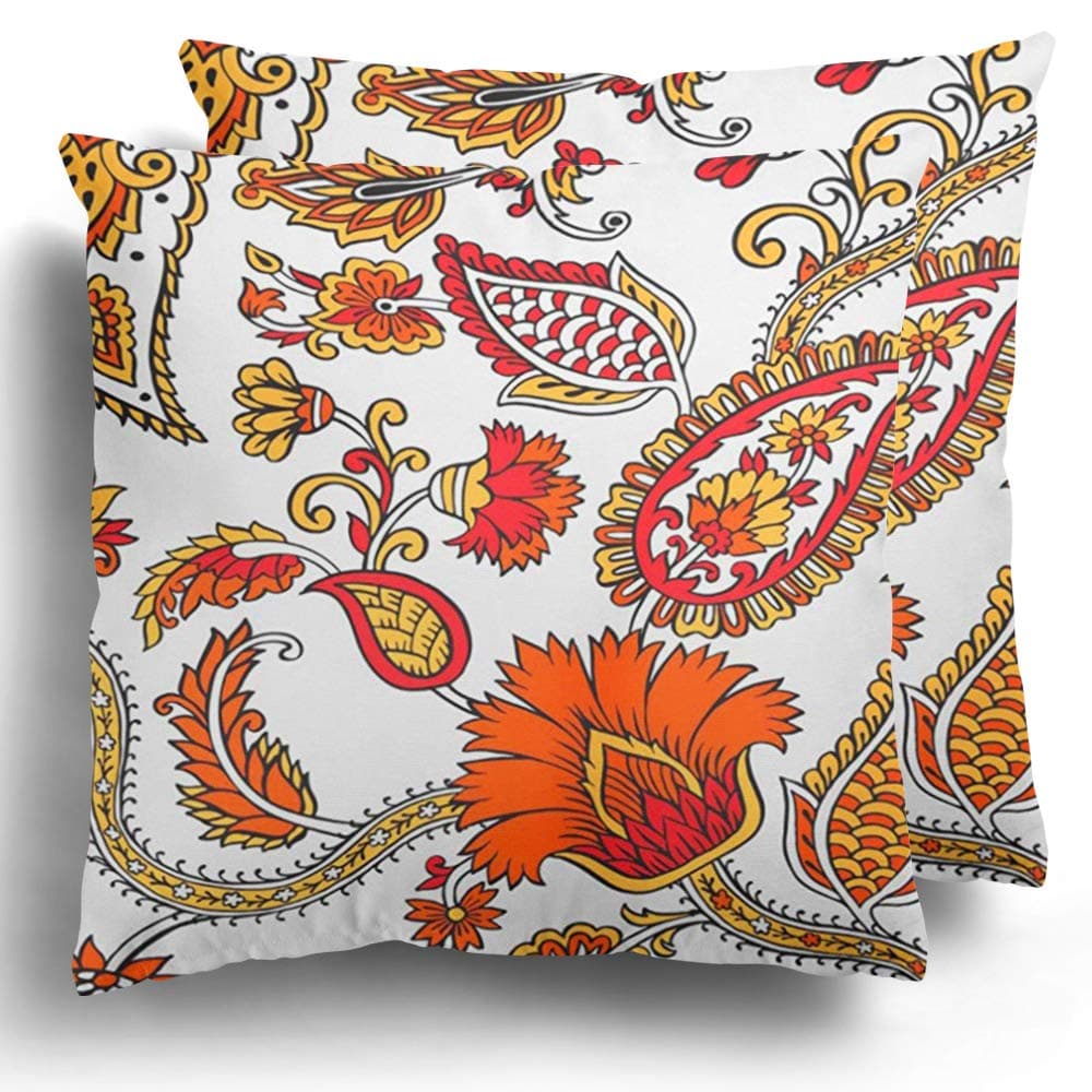 Staroden Throw Pillow Covers Pack of 2 Boho Fantasy Flowers Natural Floral Curl Paisley Block Kalamkari Polyester Square Cushion Case Home Decor 20 x 20 Inches