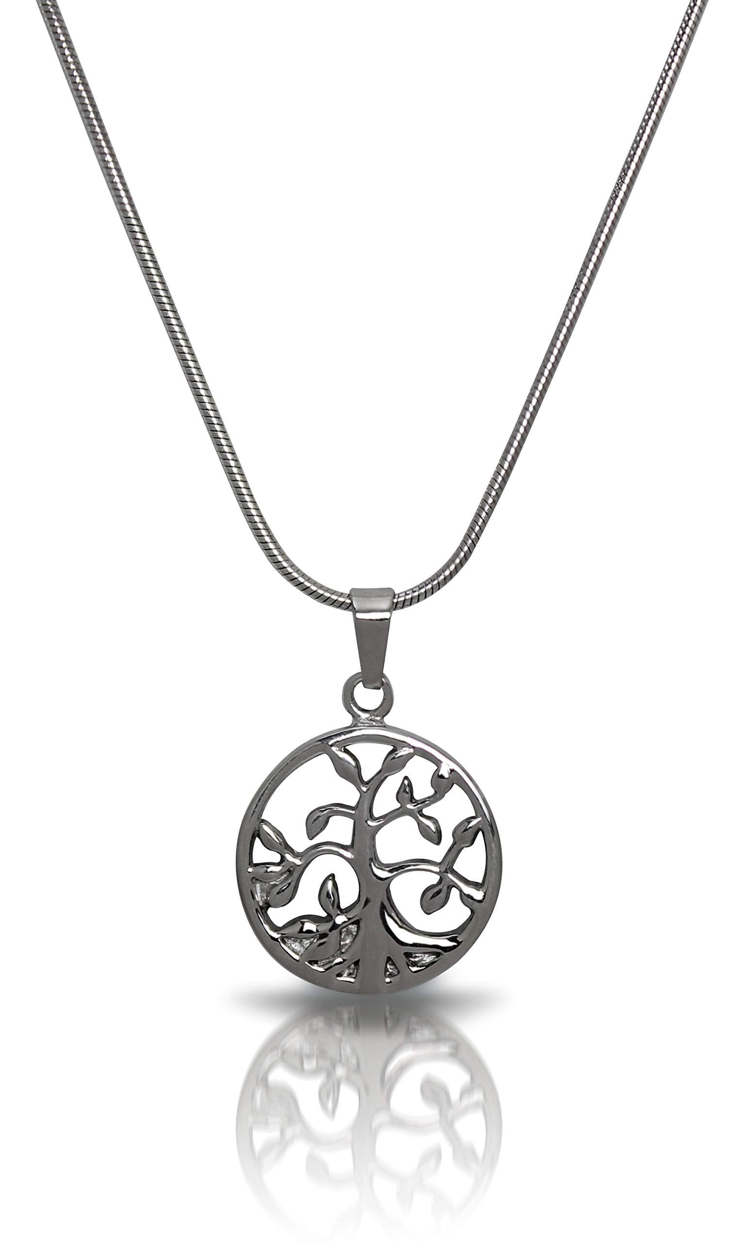 Royal Matter Tree of Life Stainless Steel Cremation Urn Pendant. Threaded at Base, with a 22″ Chain and Double-Stitched Gray Microfiber Jewelry Pouch. 1″ L x 7/8″ W x 1/4″ D