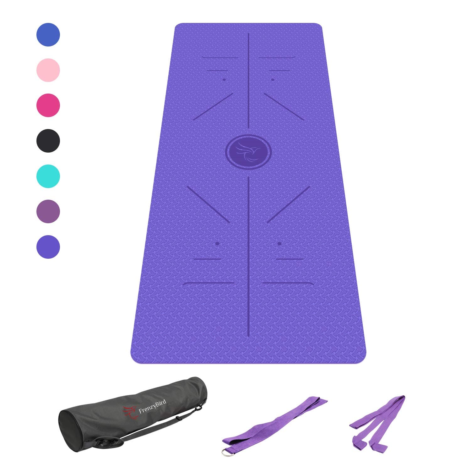 FrenzyBird Eco-Friendly,Reversible,Double-Sided TPE Yoga Mat with Stretch Strap,Carry Strap and Mat Bag, Free of PVC, Extra-Thick,Ideal for Yogis