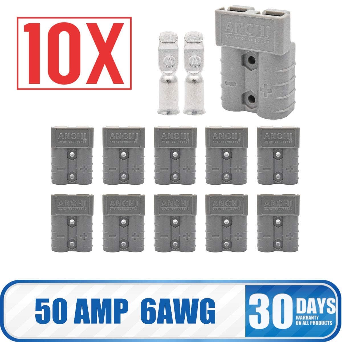 HugeAuto Battery Connector - Anderson Connection Plug 50 AMP 600V - Cable Terminal - Jump Start - 10Pcs Grey