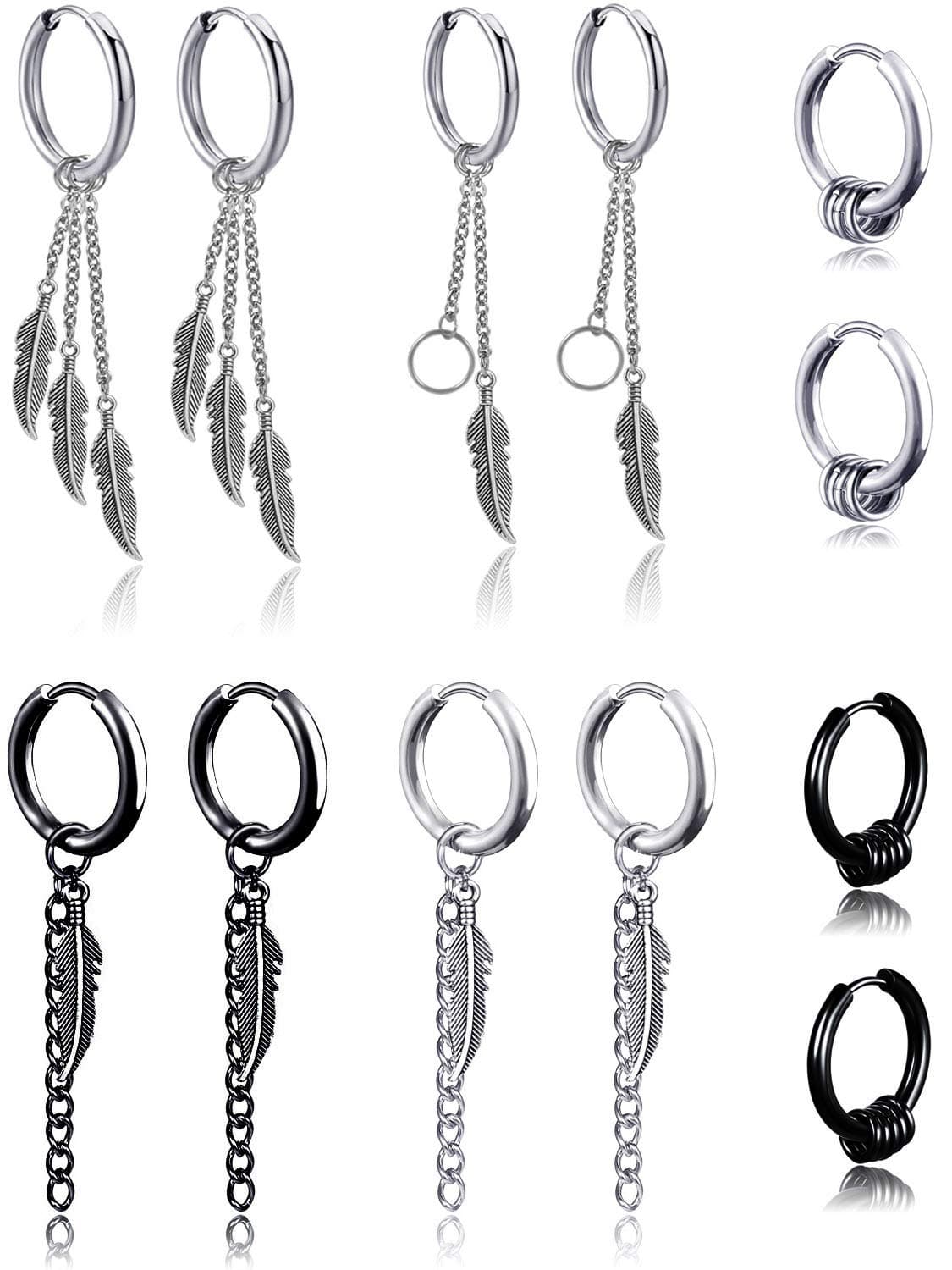 6 Pairs Kpop Feather Earrings Dangling Earrings Stainless Steel Huggie Hoop Earrings Drop Dangle Earring Chain Earrings for Men Women Teen Boys Girls Jewelry Set