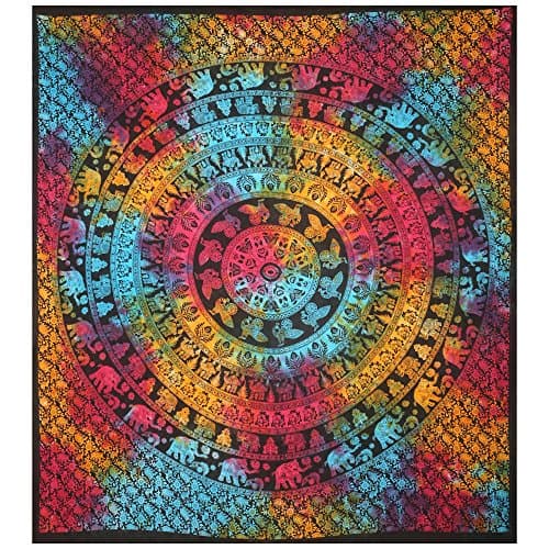 Goutam Print Multi Color Tie Die Mandala Tapestries Peacock ,Camel ,Elephant Indian Multi Color Wall Hanging Tapestry