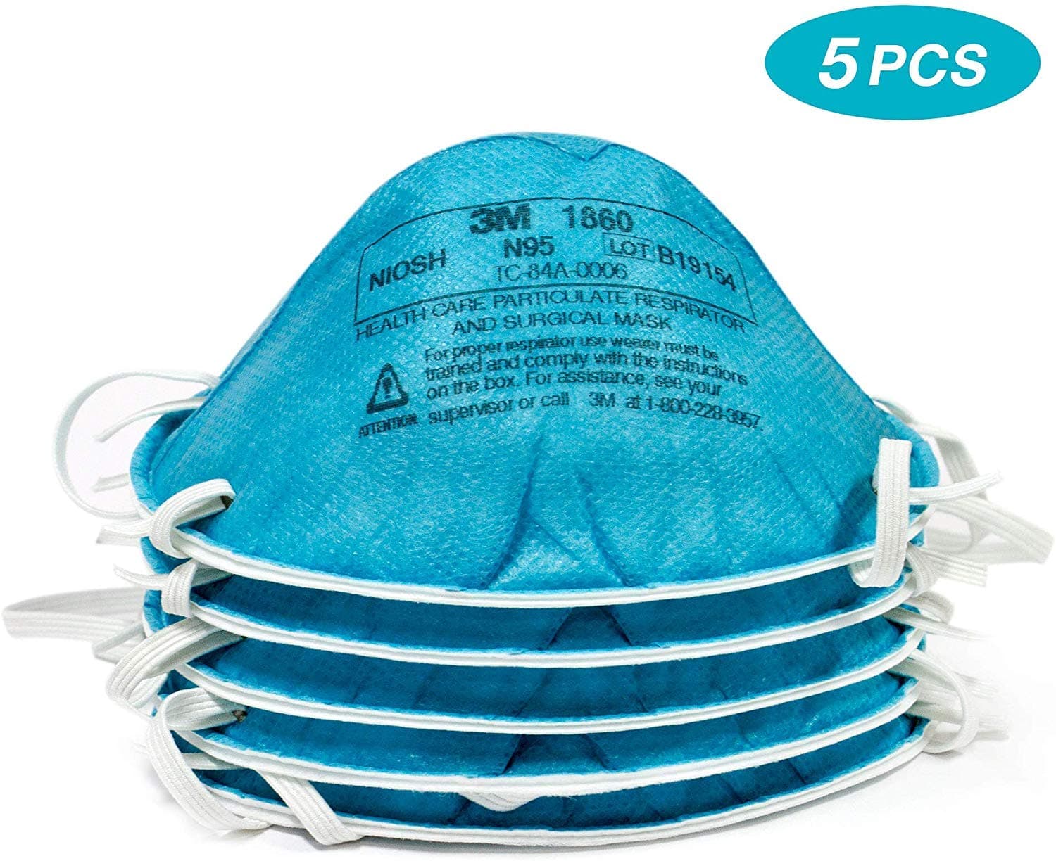 Executive Deals 3M 1860 Surgical Respirator N95 Face Protection Mask - 5 Pieces Set Blue