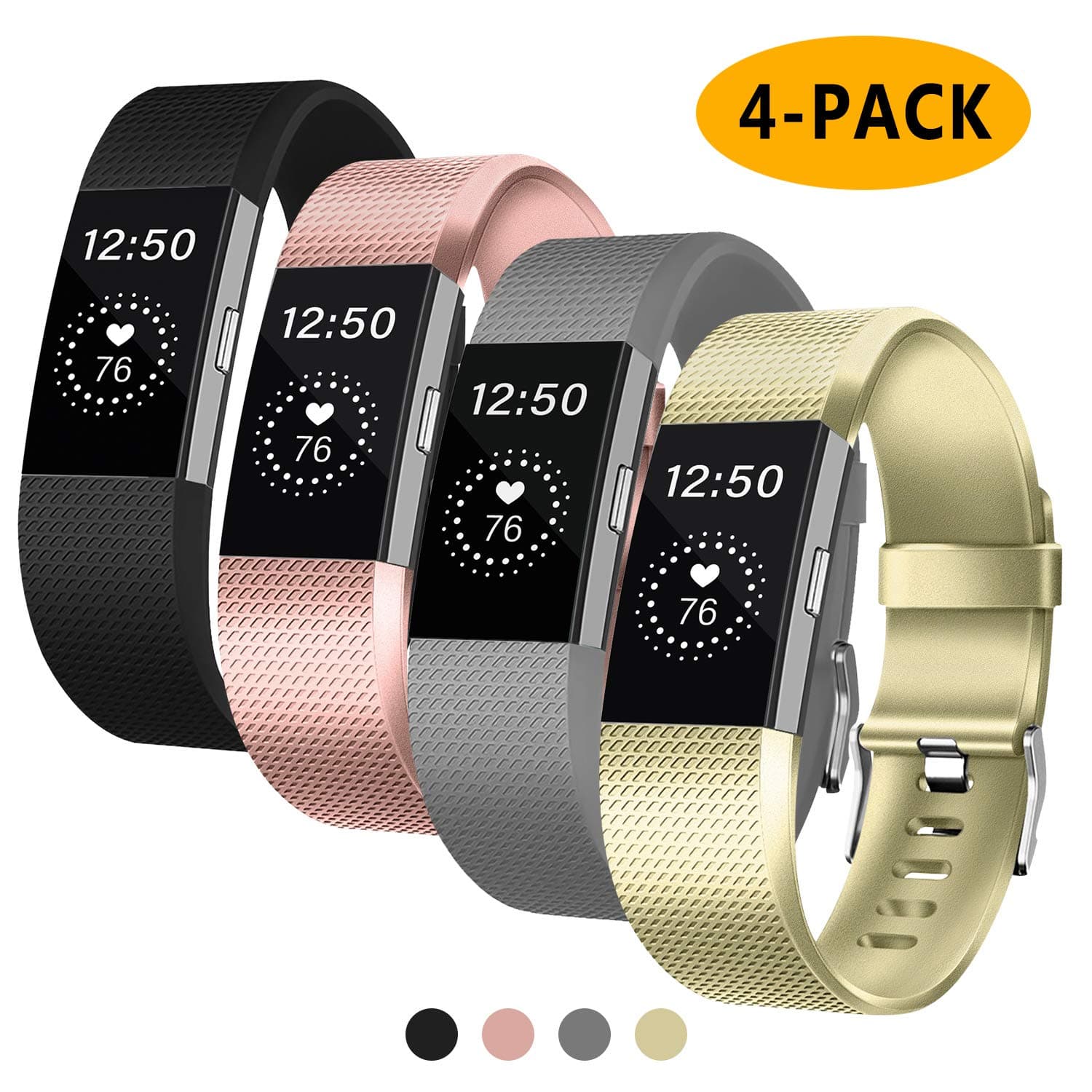 Fondenn Bands Compatible with Fitbit Charge 2 for Women and Men (4 Pack), Classic Adjustable Soft Silicone Sport Strap Replacement Wristband for Fitbit Charge 2