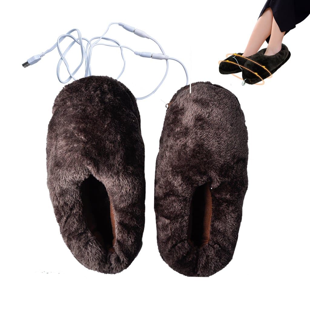Lifemall Unisex Furry Heated Warm Slippers with USB Port, Electric Heating Cotton Shoes (Brown)