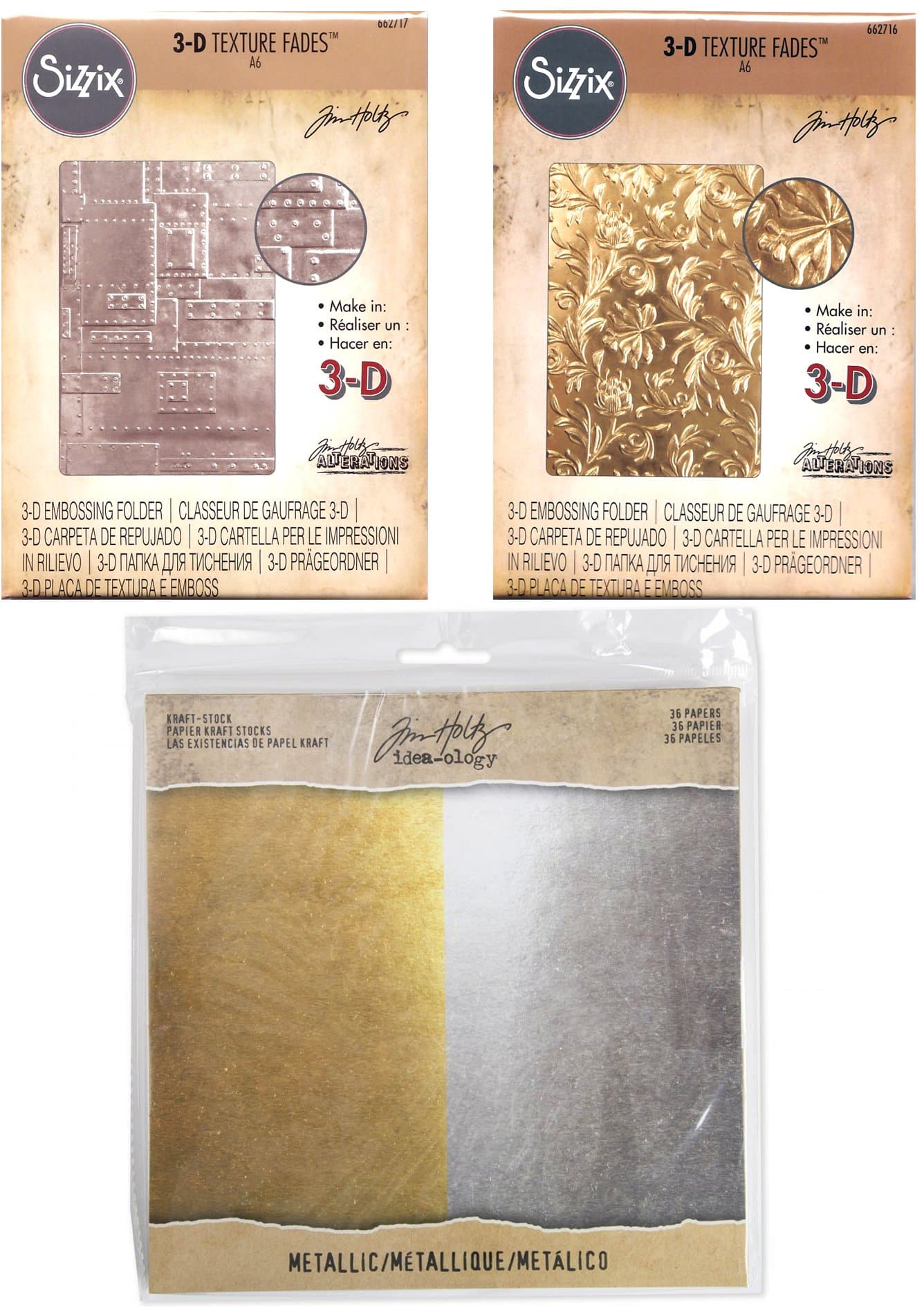 Tim Holtz Alterations - 3D Embossing Folders and Paper Bundle - Foundry and Botanical Texture Fades & Idea-ology Metallic Kraft Cardstock - 3 Items