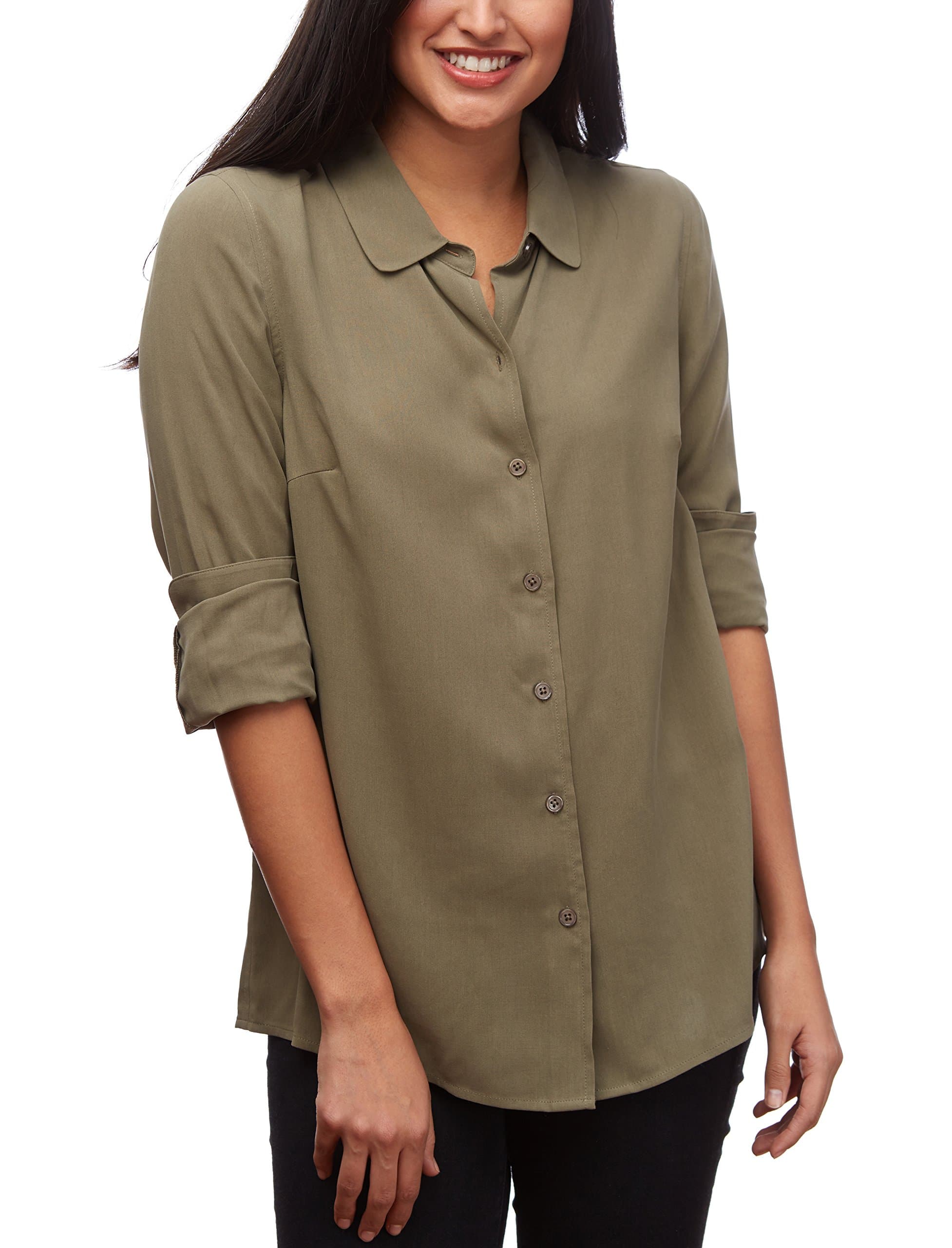 Moon Cats Women’s Silk Blouse Button Down Shirt Top Long Sleeves Rounded Collar