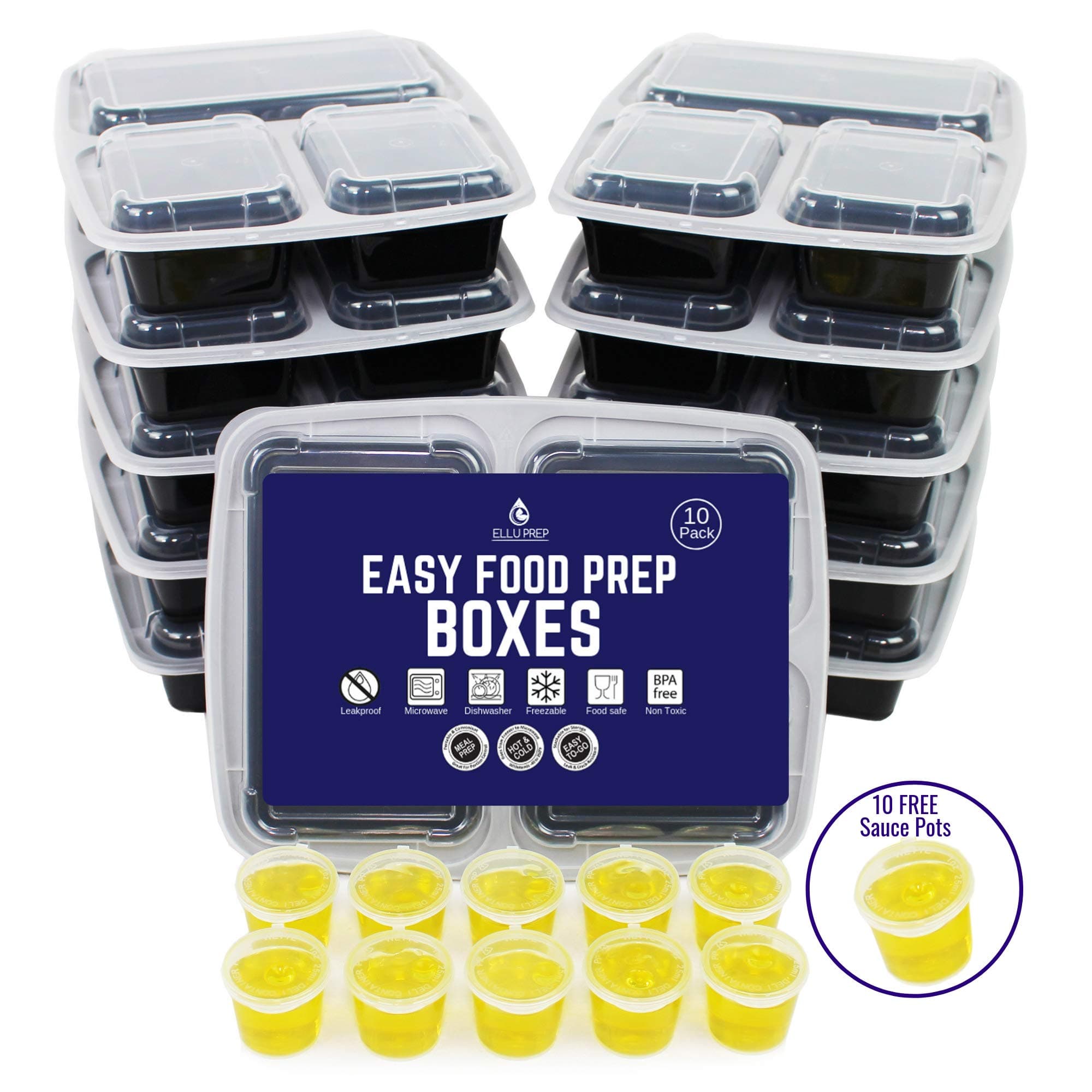 3 Compartment Meal Prep Container Reusable [10 Pack] Bento Box Containers With Lids | BPA Free | Leakproof/Microwavable/Dishwasher Safe | Meal Prepping for Portion Control. Free 10 Sauce Pots + eBooks