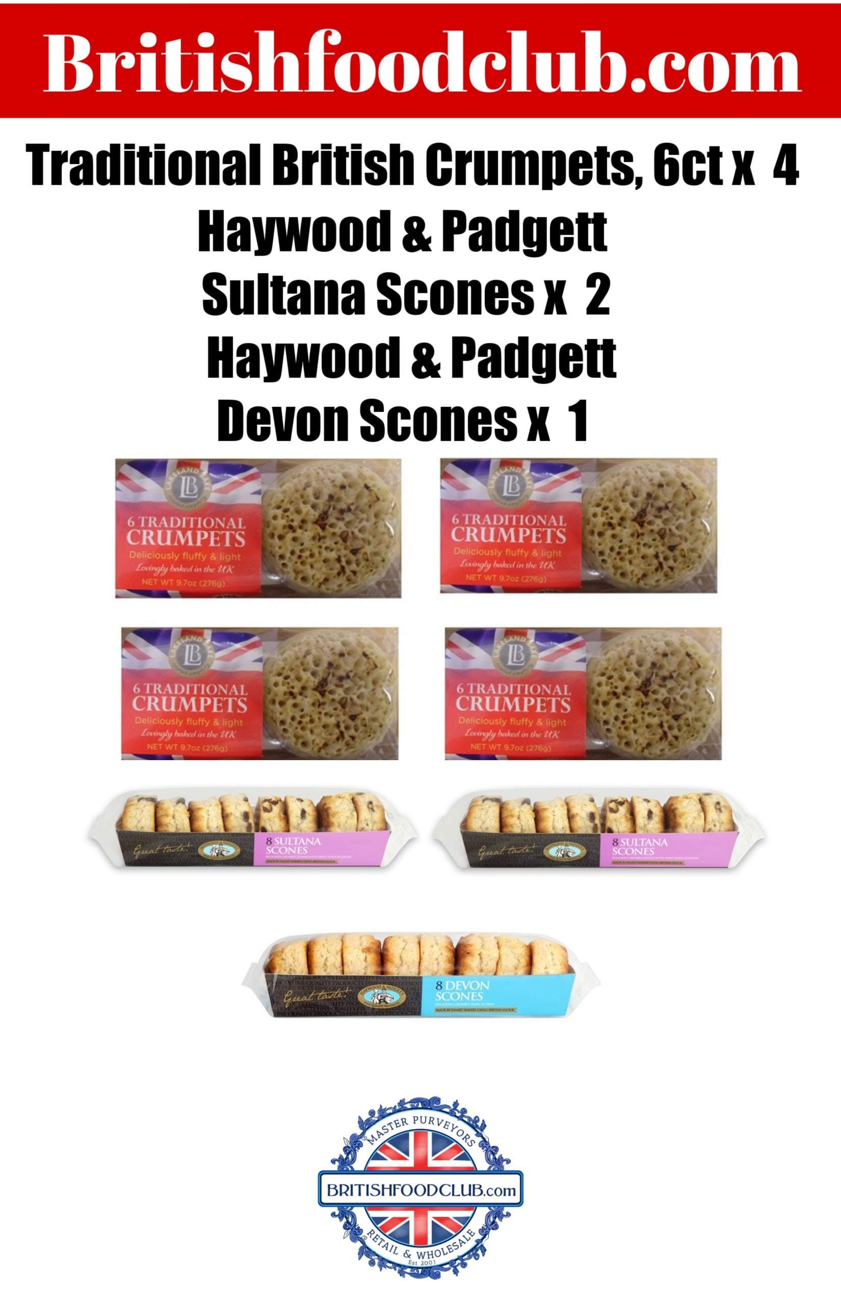 Bundle of 7 items Lakeland Bake, Crumpets, 6ct, 9.7oz, Product of UK – GMO Free 4 Packages Haywood & Padgett Devon Scones 1 Package Haywood & Padgett Sultana Scones 2 Packages Delivers 3-5 Days USA