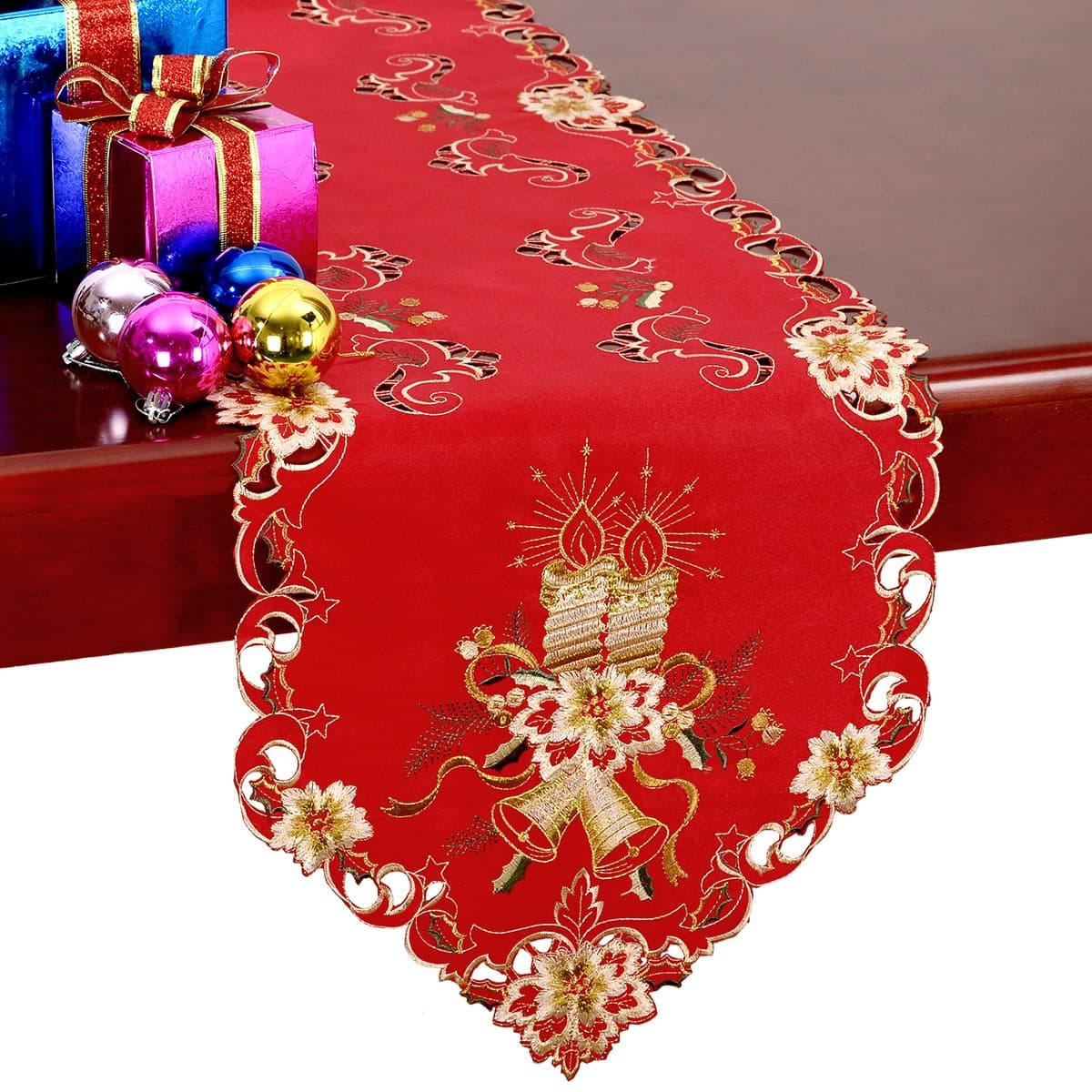 GRELUCGO Embroidered Christmas Holiday Red Dining Table Runner And Dresser Scarf, 15 x 68 Inch