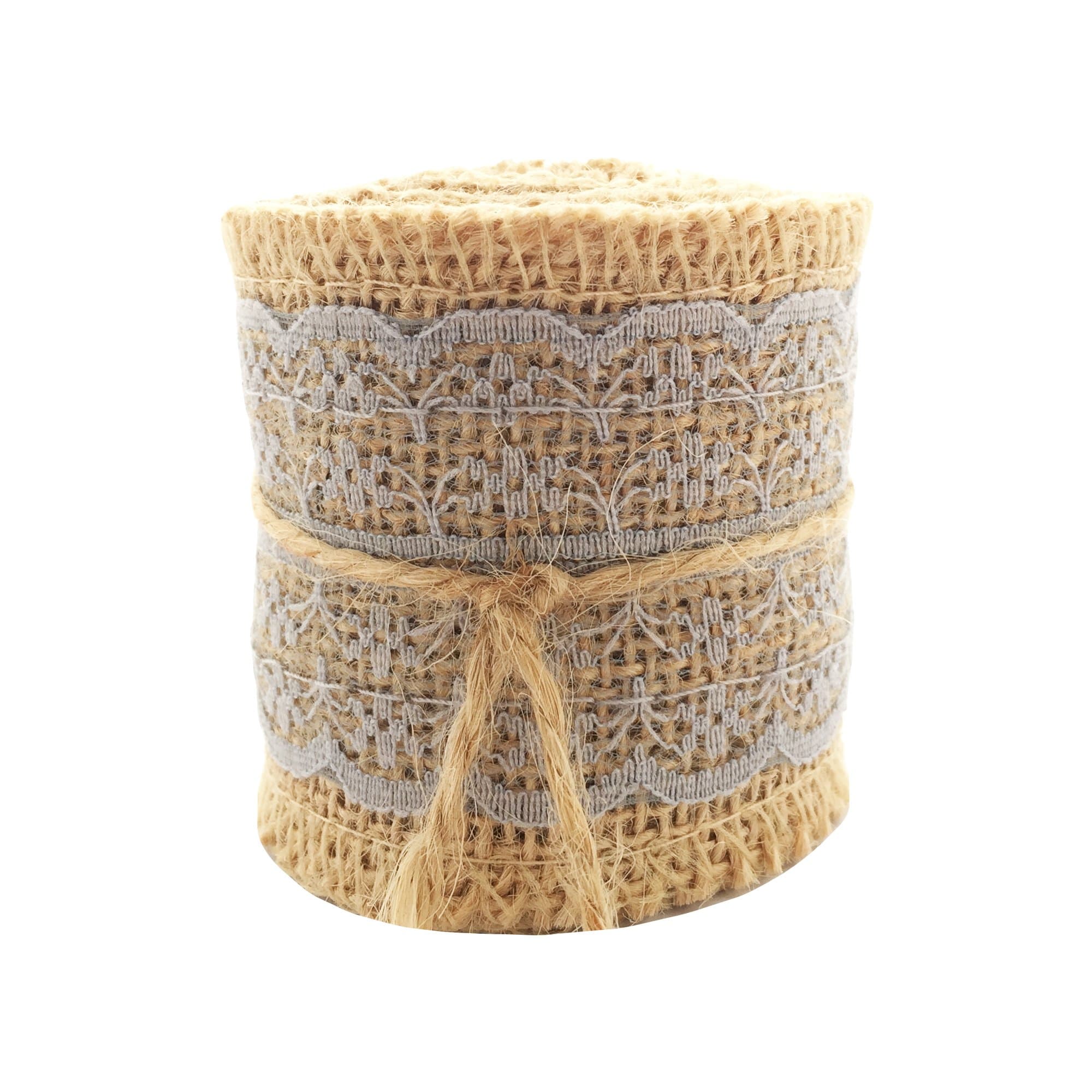 LWR CRAFTSNatural Burlap Ribbon with Lace (Grey)