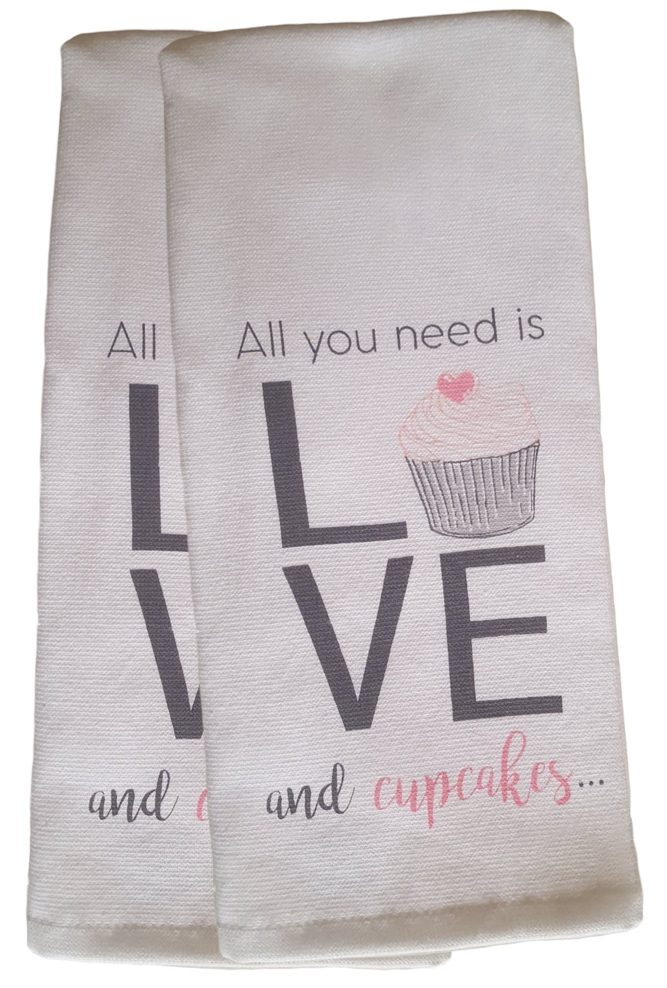 Set of 2 Ultra Absorbent 100% Cotton Kitchen Towels/Dish Cloths (All You Need is Love And Cupcakes)