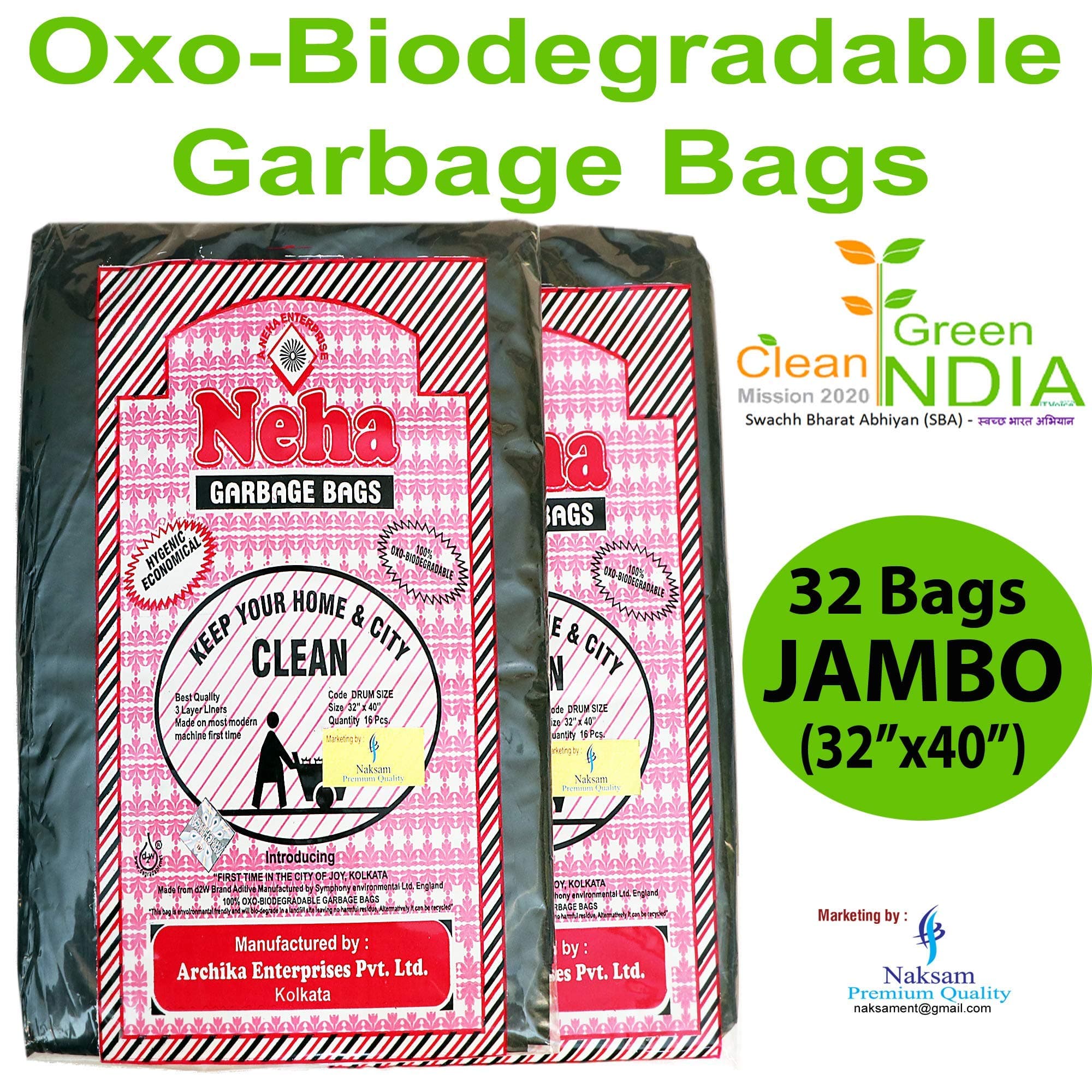Neha Biodegradable Garbage Bags - Jumbo Size(32 inch x 40 inch) With Rubber Band - Black (32 Bags)