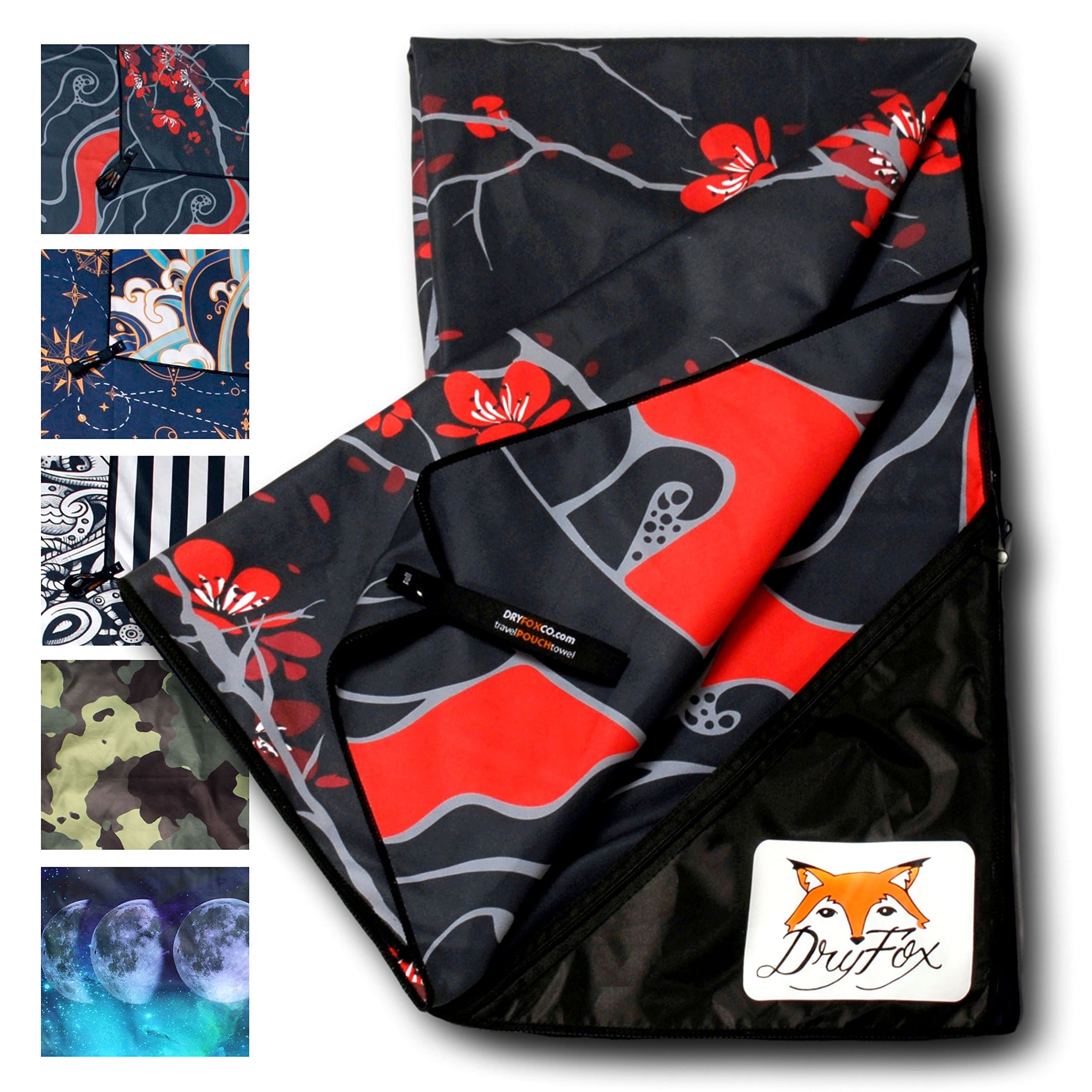 DryFoxCo Quick-Dry Compact Travel Towel with Water-Resistant Zip Pocket for Valuables- Sand-Free, Lightweight, XL Size, Reversible, Soft- Beach, Camping, Swim, Sports