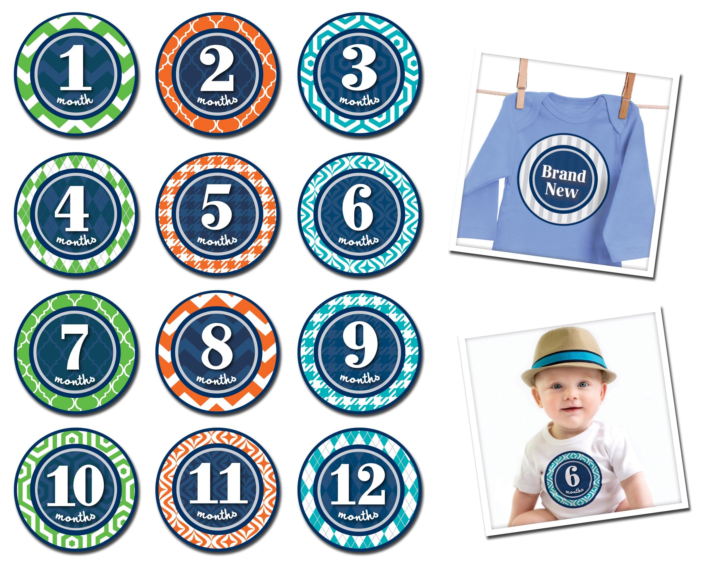 Sticky Bellies Monthly Milestone Stickers, Prepster, 1-12 Months with additional Just Born Sticker