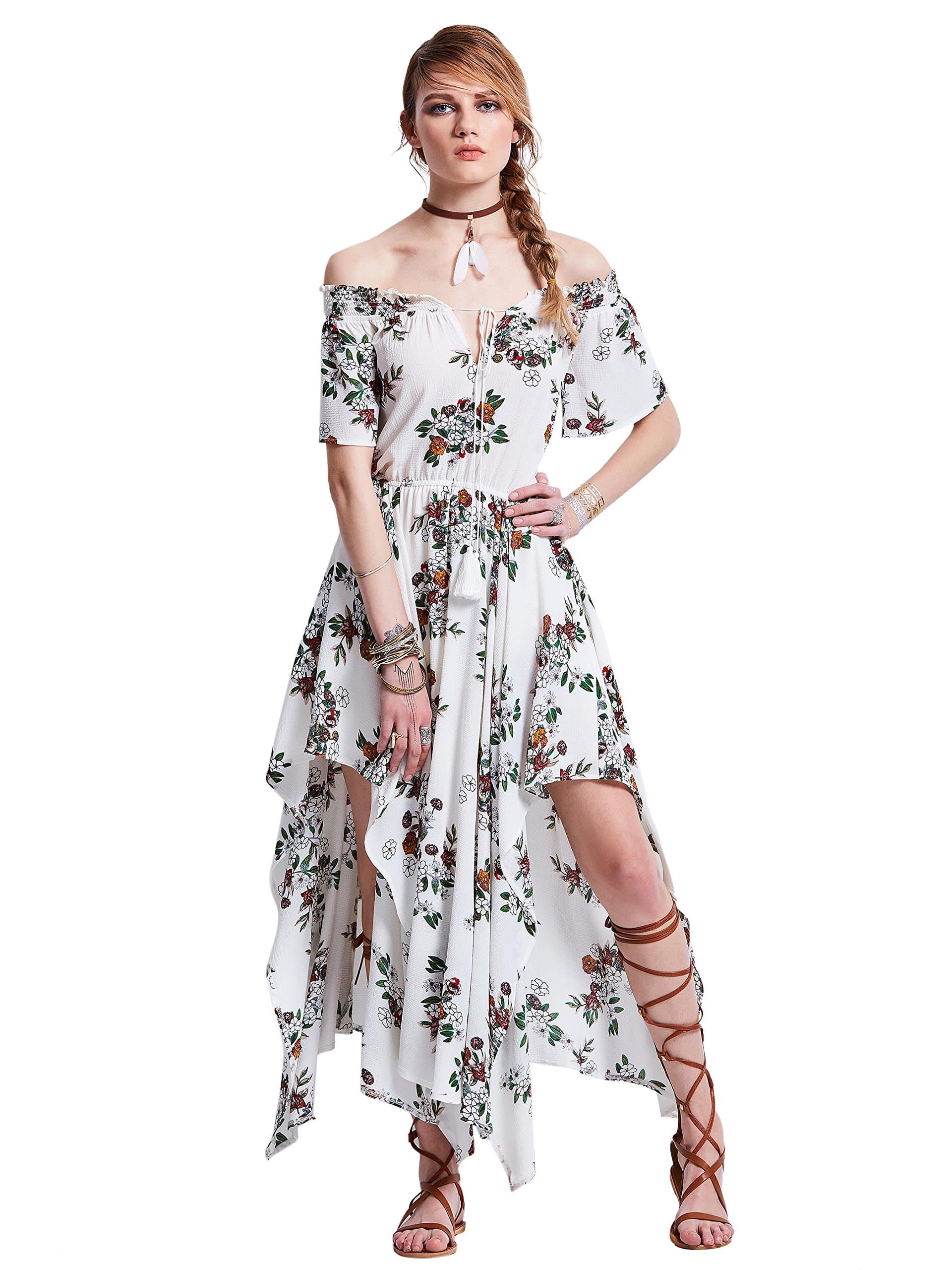 Bohoartist White Chiffon Lace up Slash Neck Off shoulder Half Sleeve Floral Print Women's Maxi Dress (M)