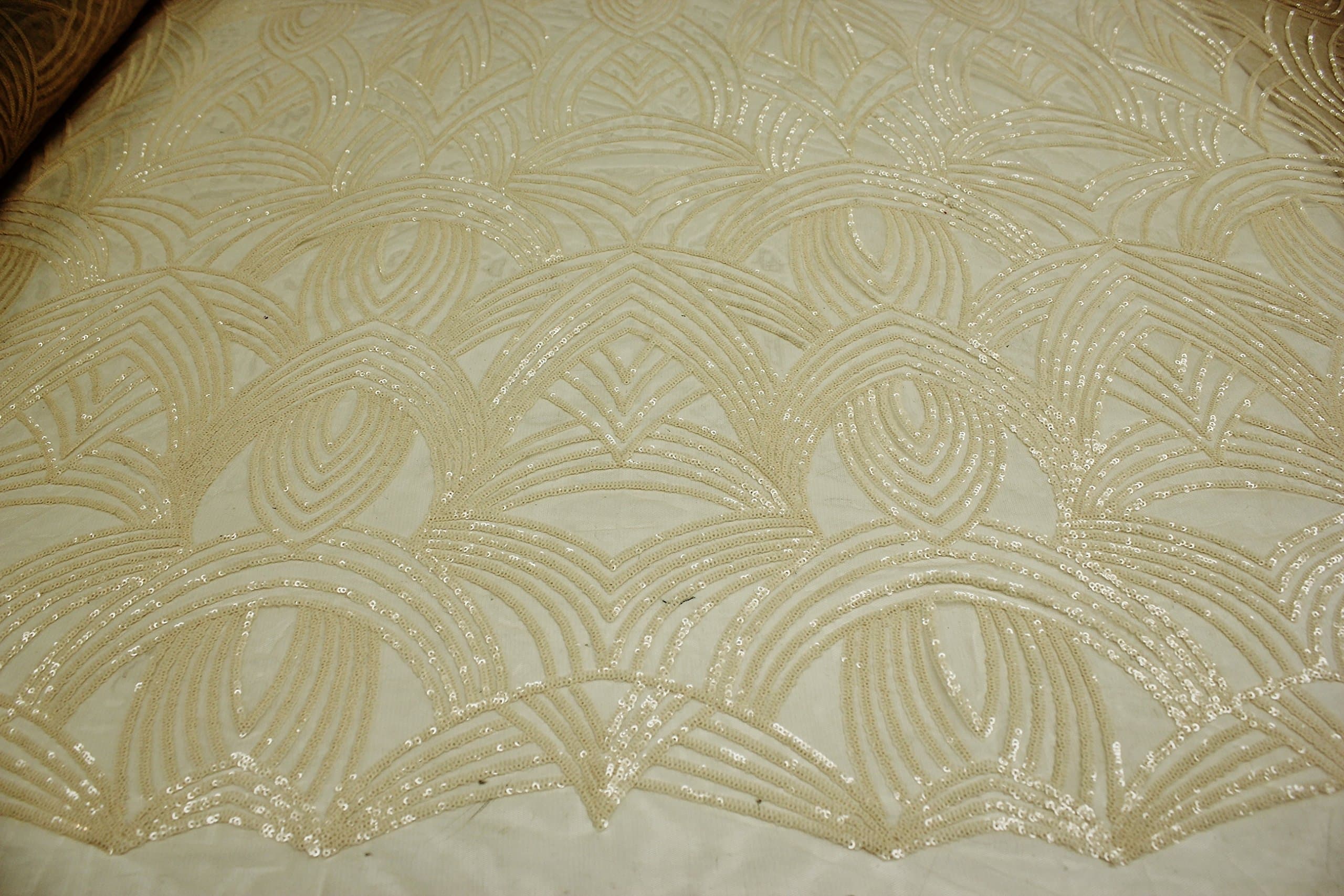 Gorgeous Designer Lace Sequin Fabric with Geometric Design on Polyester Mesh (3.Nude)