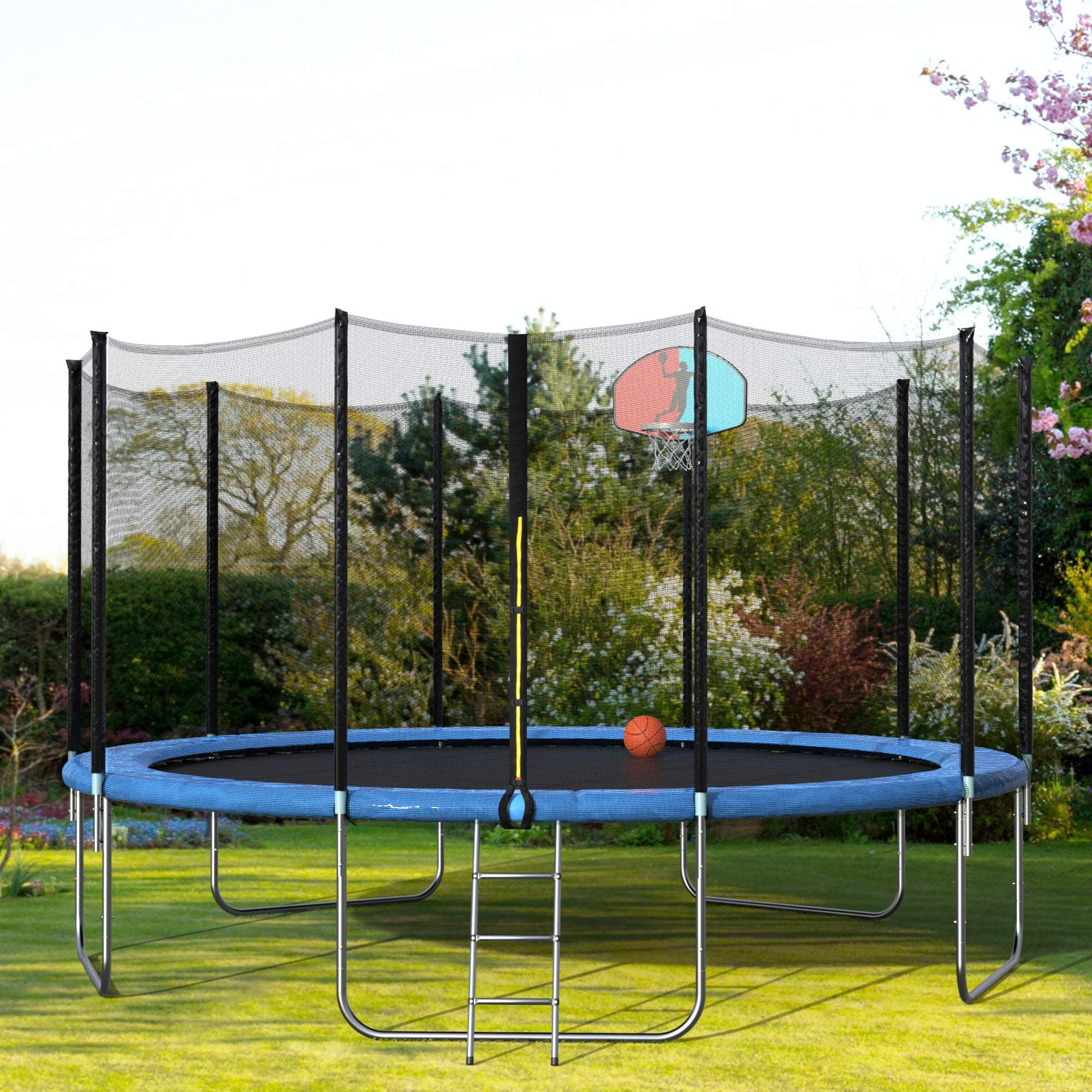 12/14/15FT Trampoline with Safety Enclosure, Basketball Hoop, Ladder for Kids Adults, Round Trampoline/Basketball Trampoline for Outdoor, Backyard