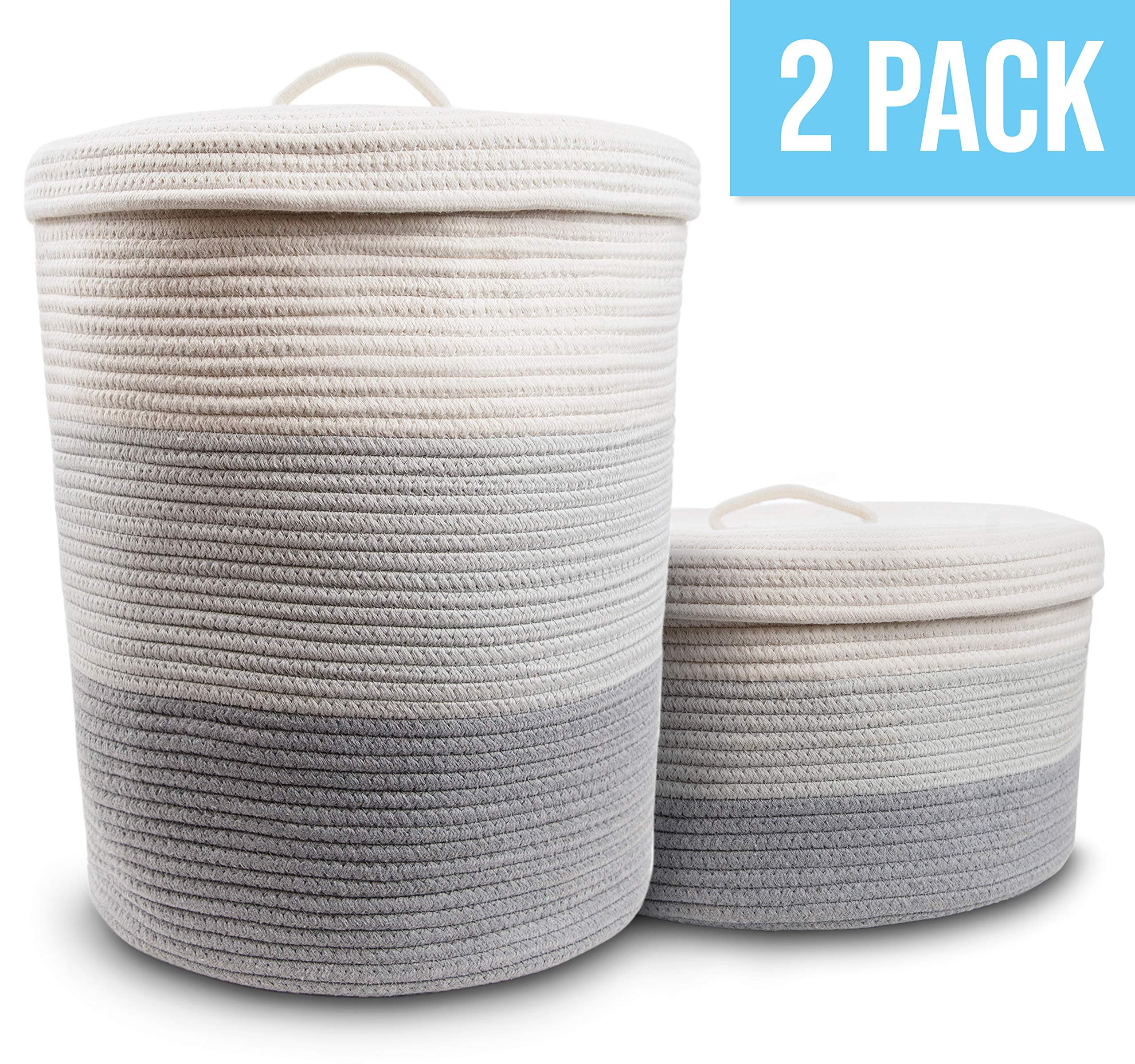Cotton Rope Basket Set of 2 with Handles - Large Blanket Basket and Small Woven Basket for Toy Storage, Laundry Basket, Dog Toy Basket, Shoe Storage Baskets, Short and Tall Round Basket for Blankets