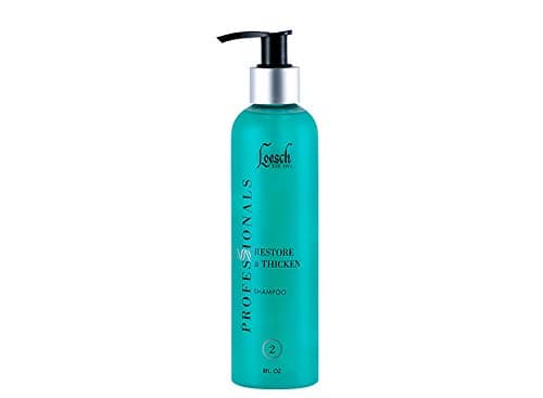 Loesch 8 oz Professional Restore & Thicken Shampoo, four times stronger. Cleaning effects including removes scbaccous buildup and penetrates hair to condition and thickens hair shaft.