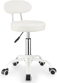 FNZIR PU Leather Rolling Stool with Back Support Height Adjustable Swivel Stool Chair with Wheels Drafting Chair for Spa Slaon Massage White